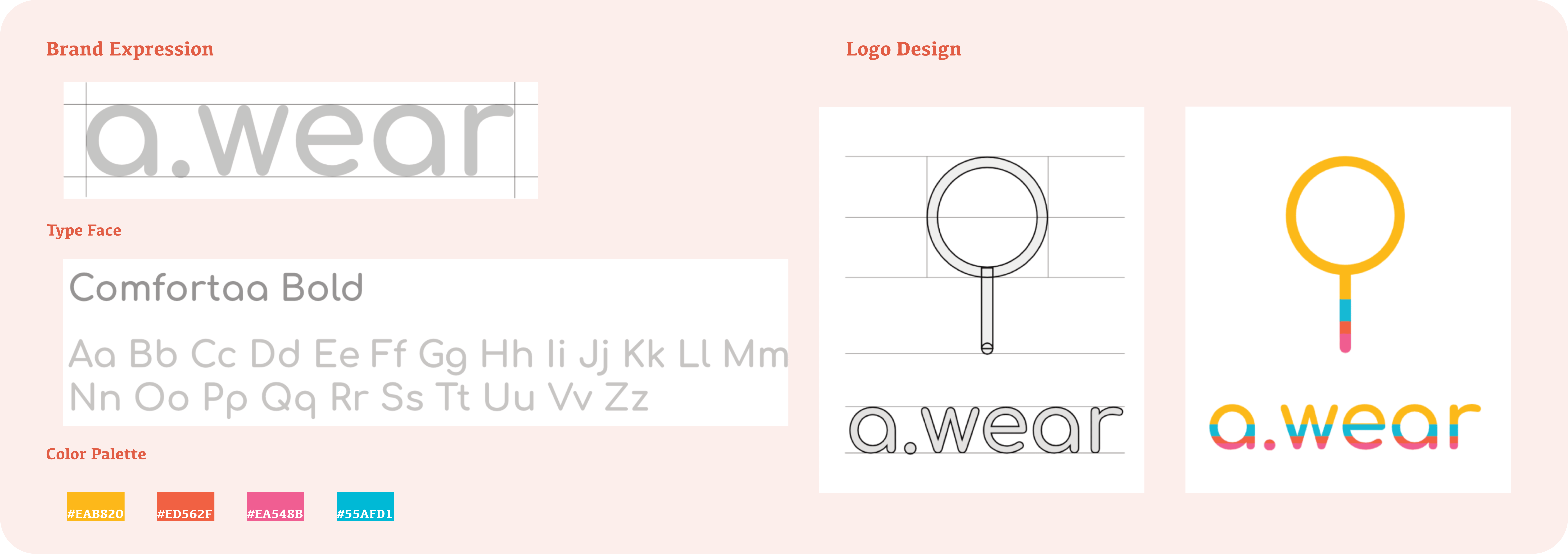 a.wear logo construction, Comfortaa typography, and color palette