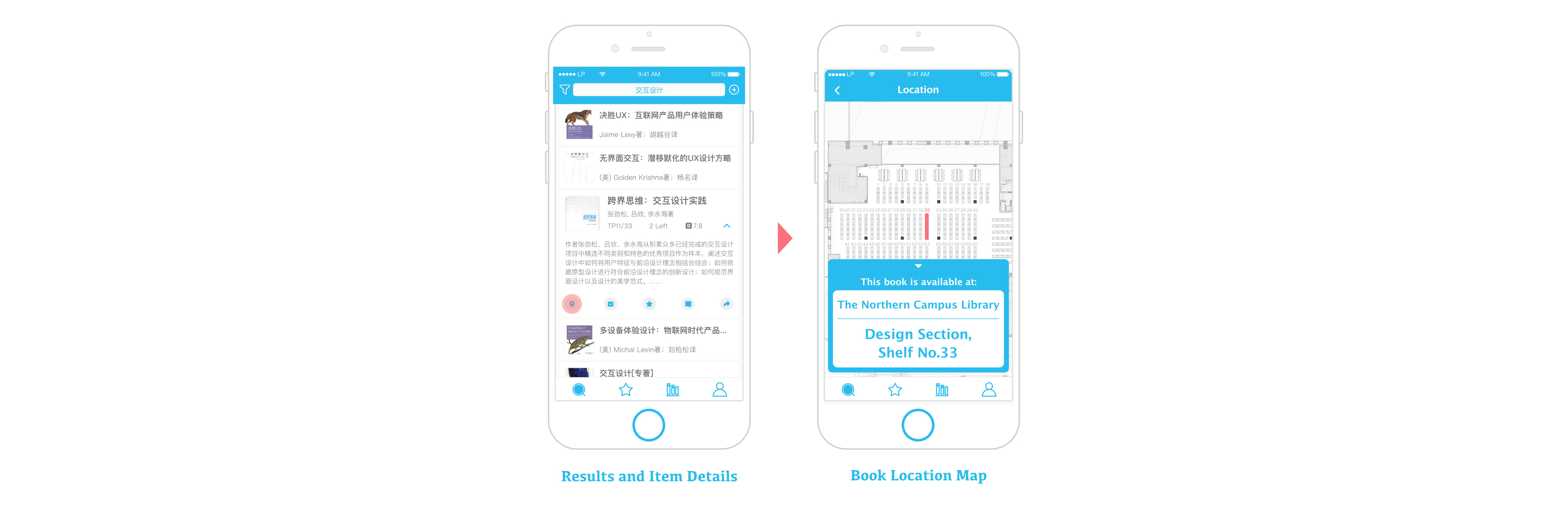 Search result linked to a book location map