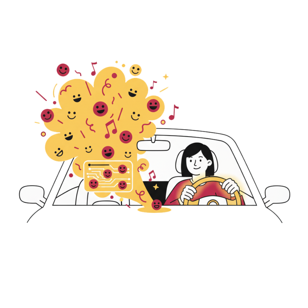 Research illustration of good mood during co-driving, including anticipation and social experience