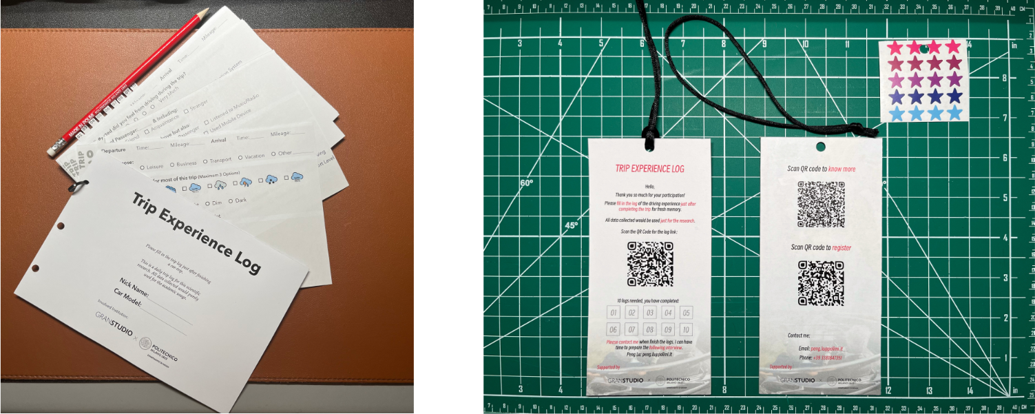 Paper trip-log booklets alongside QR-code cards linking to the digital form
