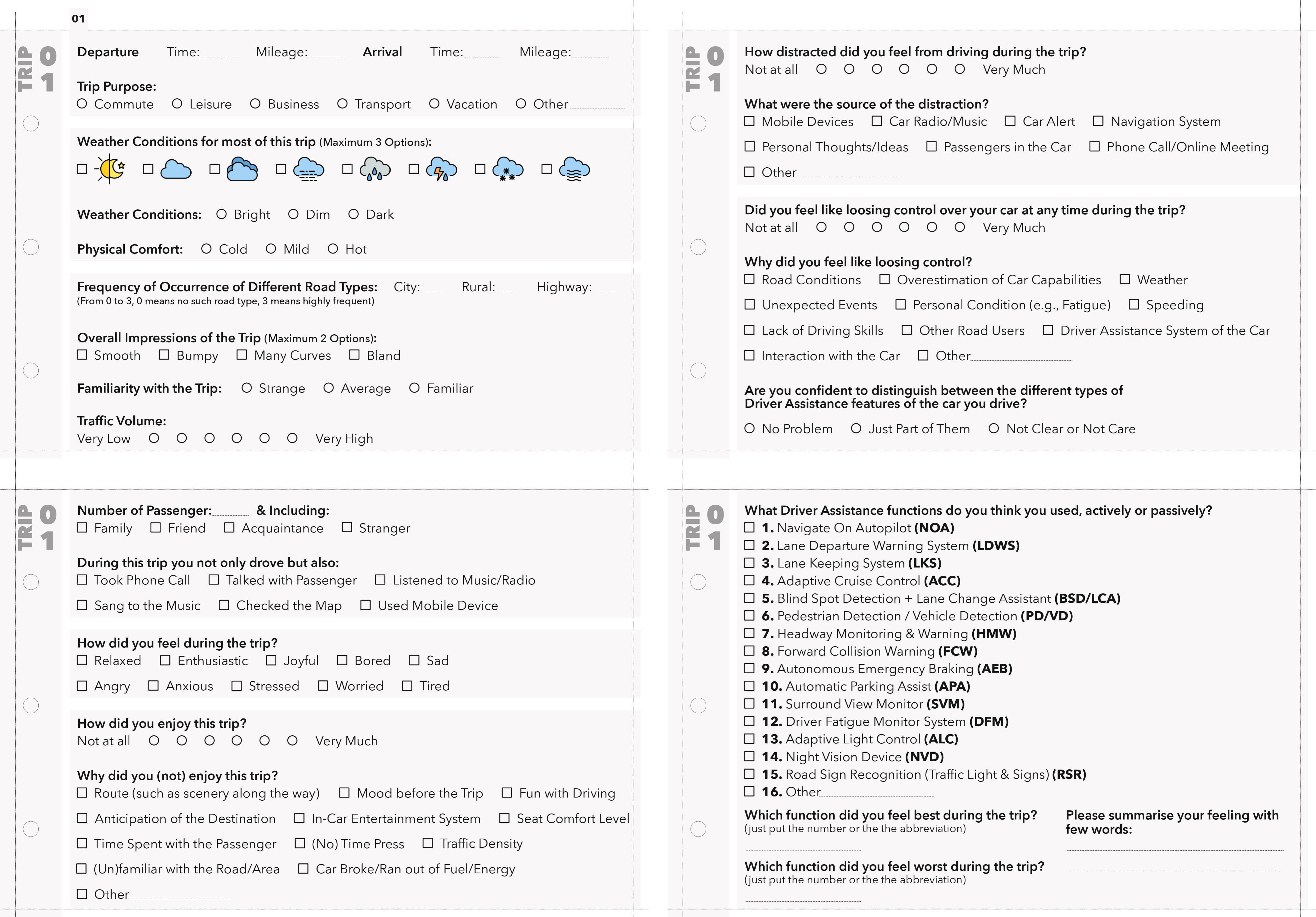 Original trip-log instrument recording trip purpose, context, experience, automation use, and evaluation