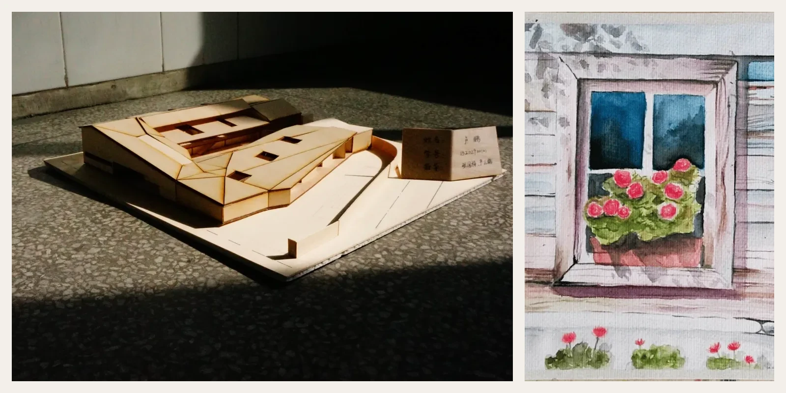 An architectural model in sunlight alongside a painted window with flowers