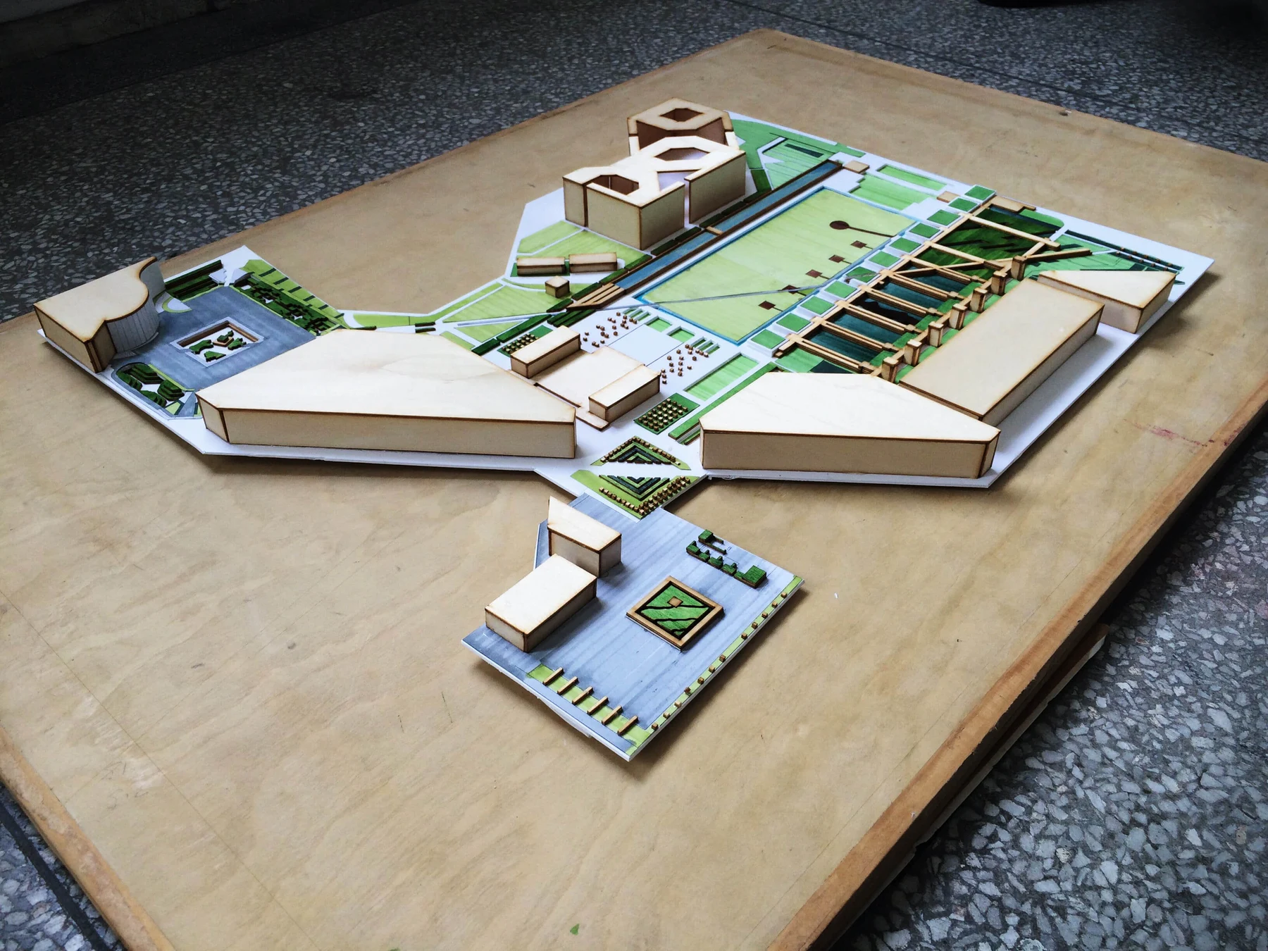Northwest view of the ensemble model showing the water feature and shaded landscape structure