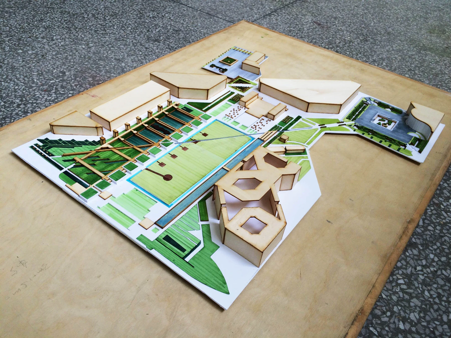 Southeast view of the ensemble model showing buildings around the landscaped central space