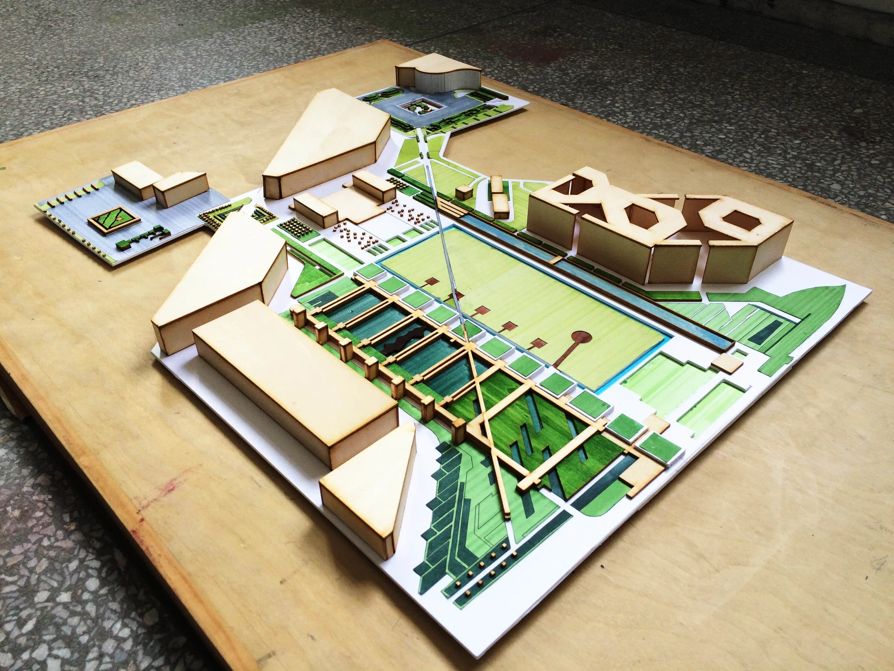 Southwest view of the ensemble model showing buildings, planting and the landscape structure