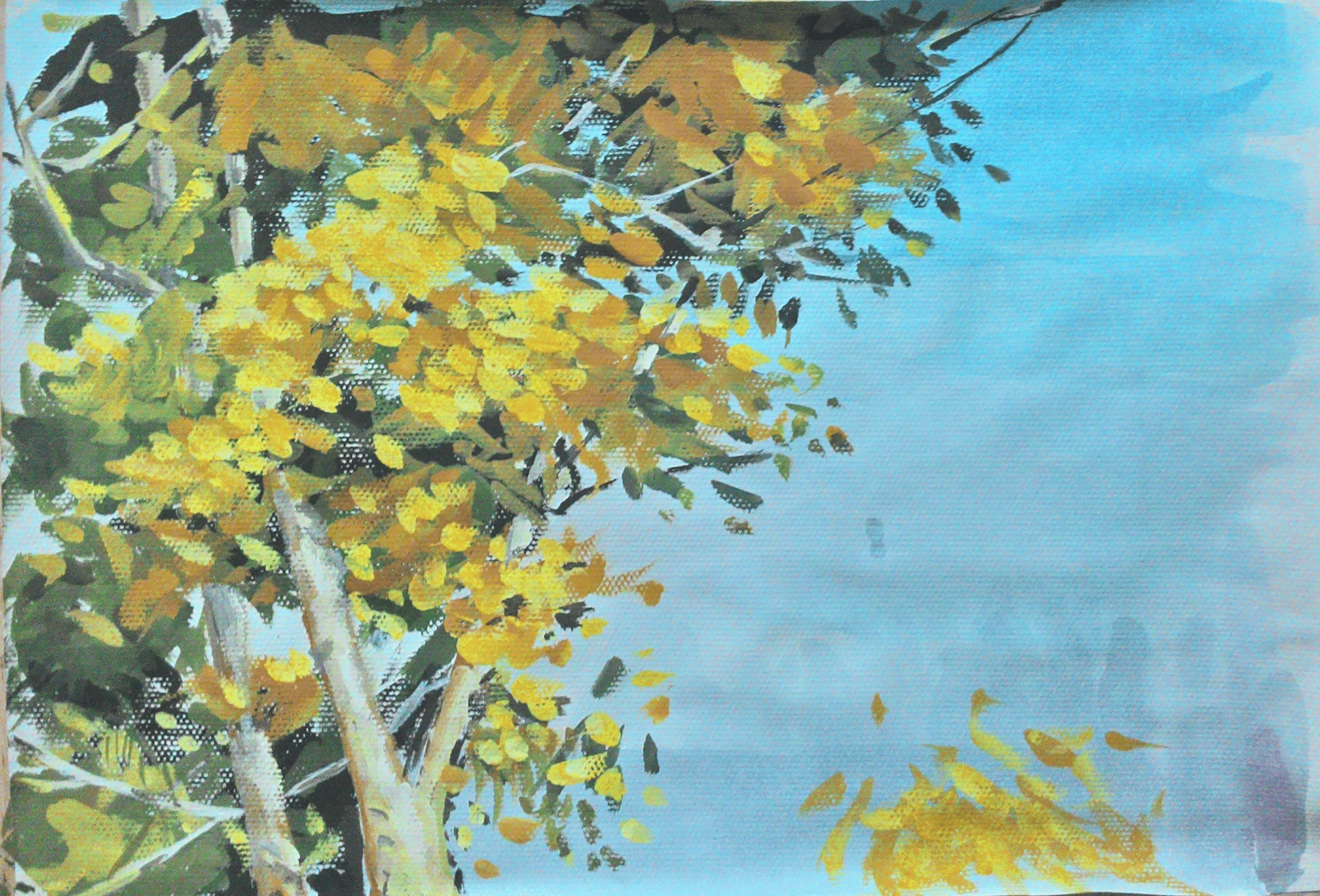 Painting of yellow-green leaves against a blue sky