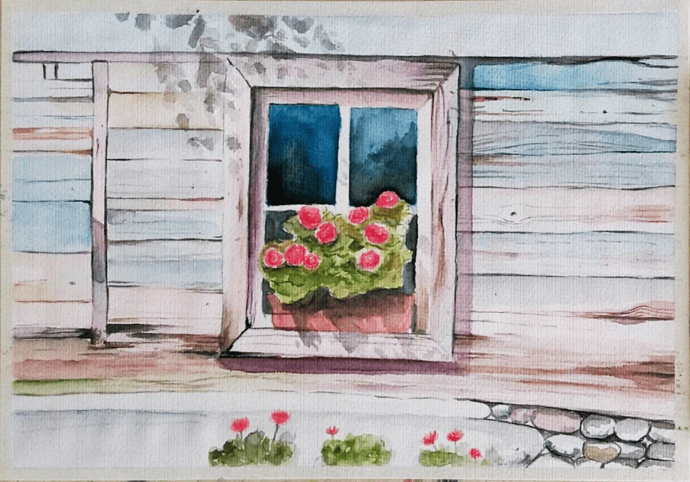 Painting of a small window with pink flowers set into a pale timber-clad wall