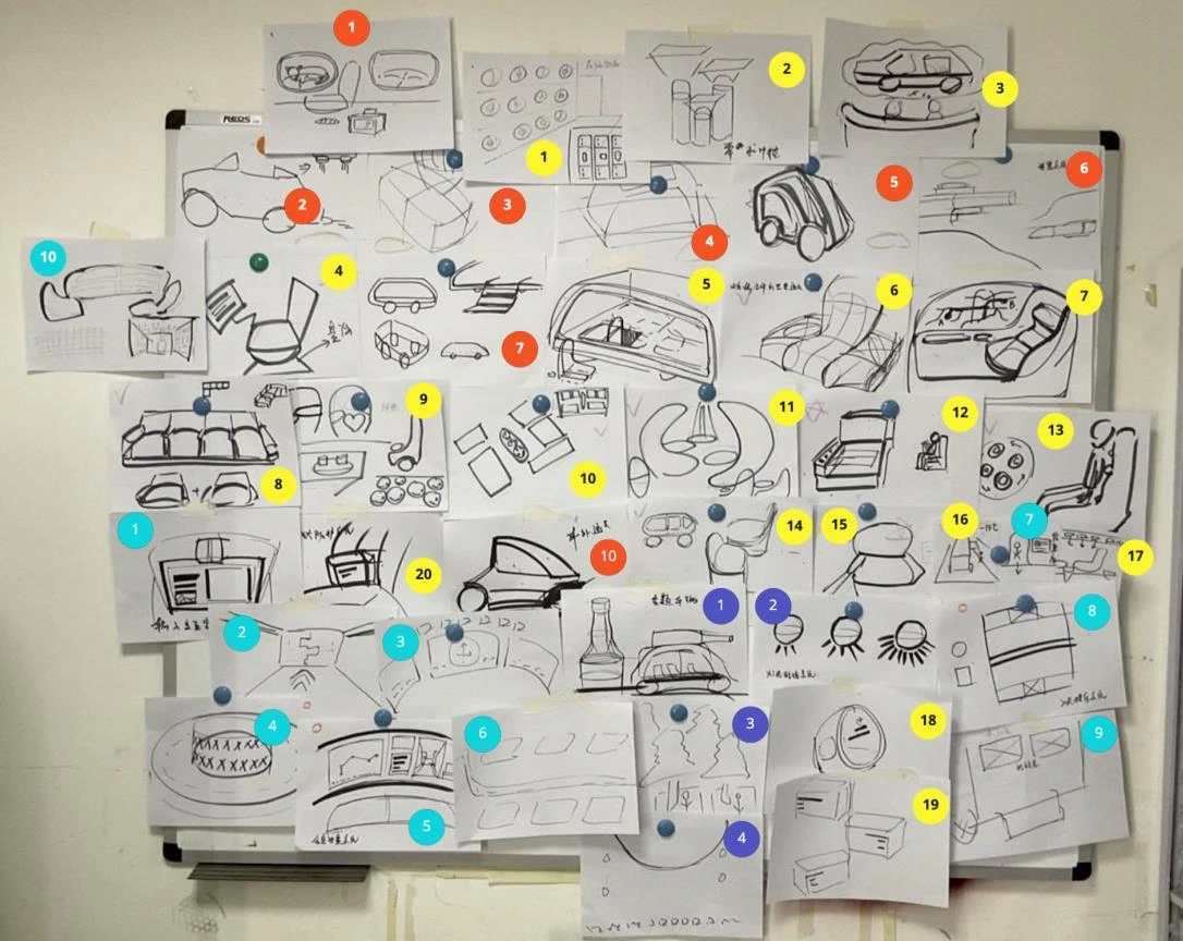 A photographed board of numbered student sketches exploring many possible interior design ideas