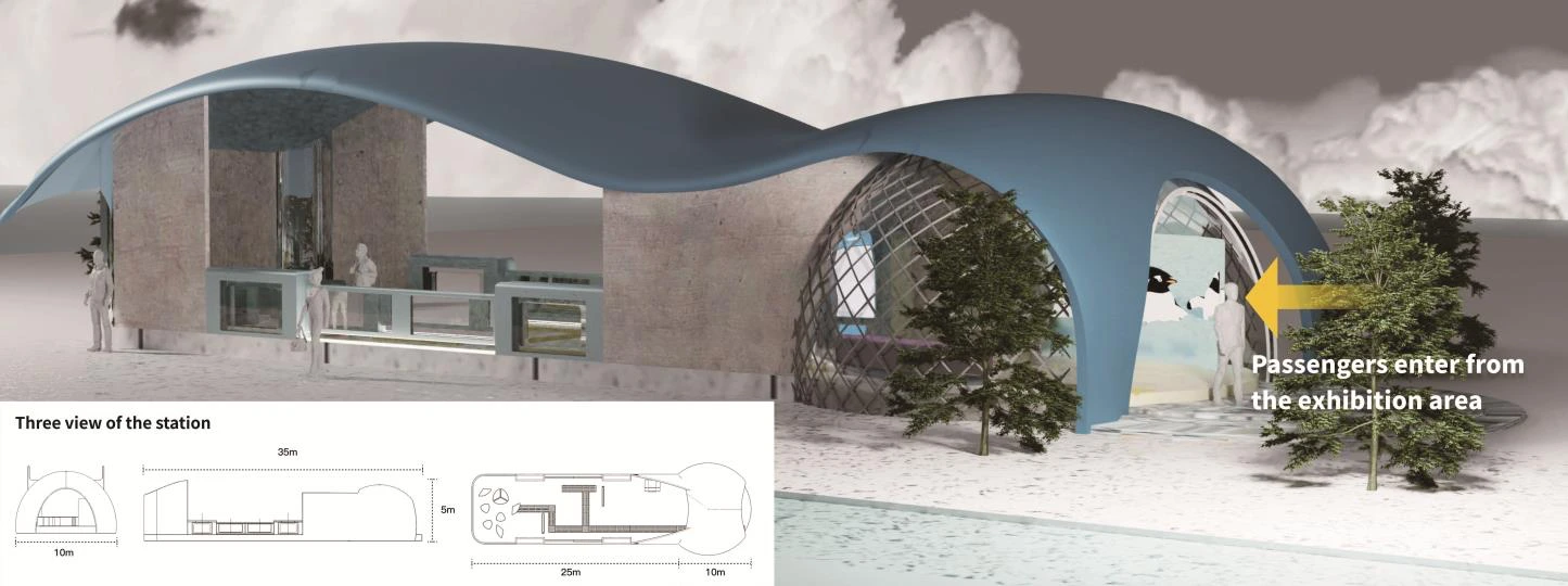 Student rendering and orthographic views of a curved station with an exhibition area and passenger entrance