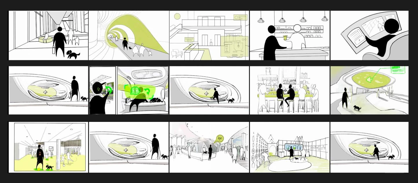 Station Group B storyboard following a speculative passenger journey through navigation, boarding, travel and station services
