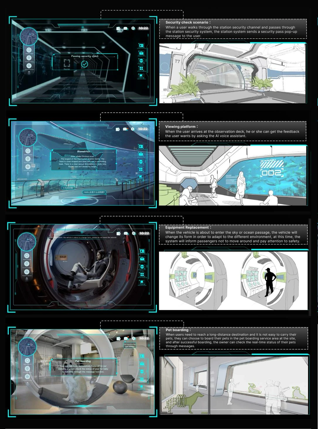 Four student HMI scenario panels pairing speculative interface views with corresponding station interactions