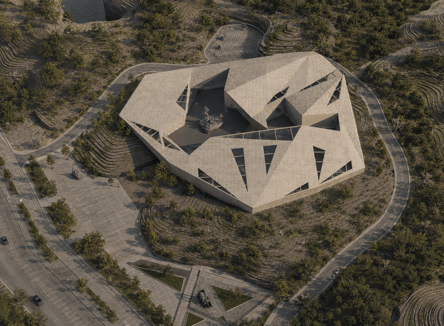 Bird's-eye visualization of Jinzhai Revolution Museum and its central courtyard within the terraced hillside