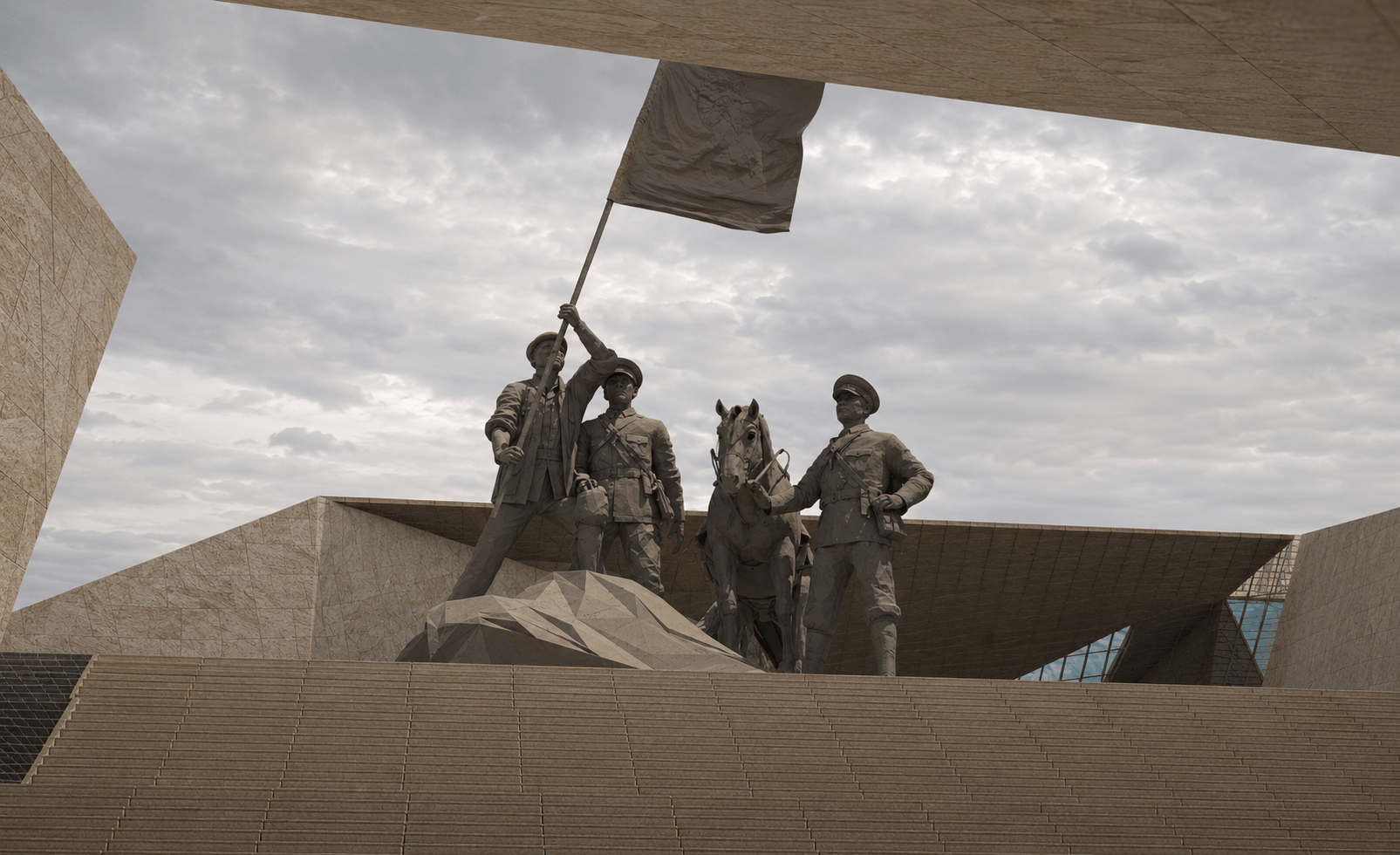 Close-up of the commemorative sculpture above broad courtyard steps, framed by folded stone walls and roof planes
