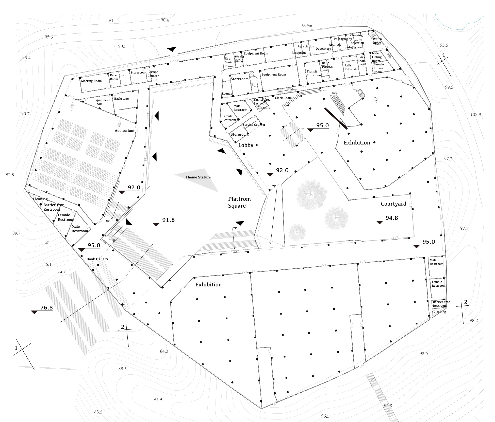 First-floor plan with the auditorium and book gallery to one side, exhibition spaces, platform square, courtyard, and northern support rooms