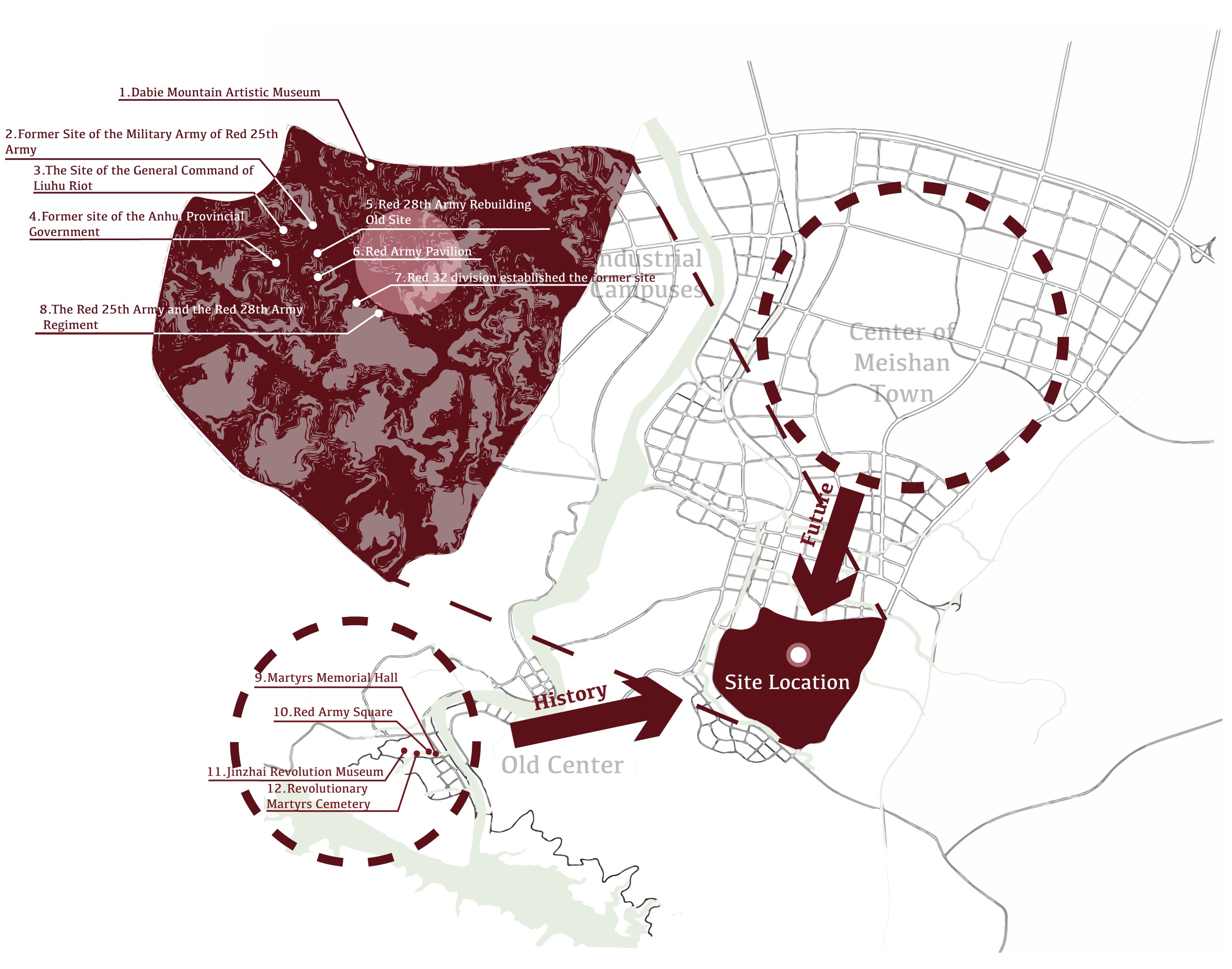 Map connecting the museum site to nearby revolutionary-history attractions and the newer town center