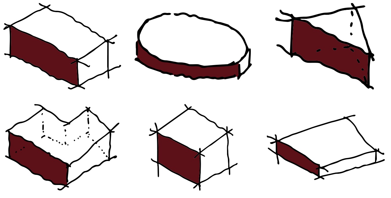 Six early sketches exploring unified geometric building masses