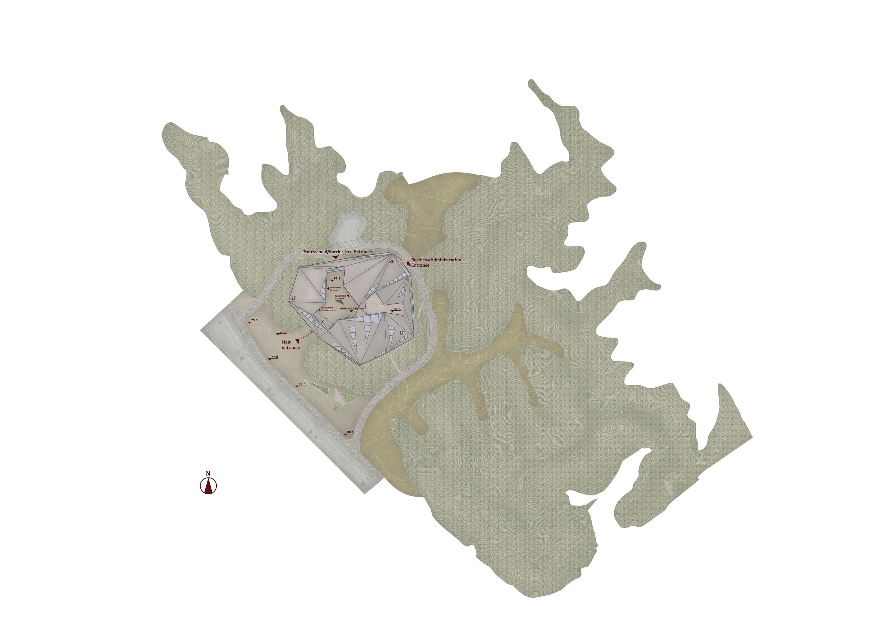 Masterplan of the faceted museum, central openings, surrounding access loop, paths, and terraced hillside