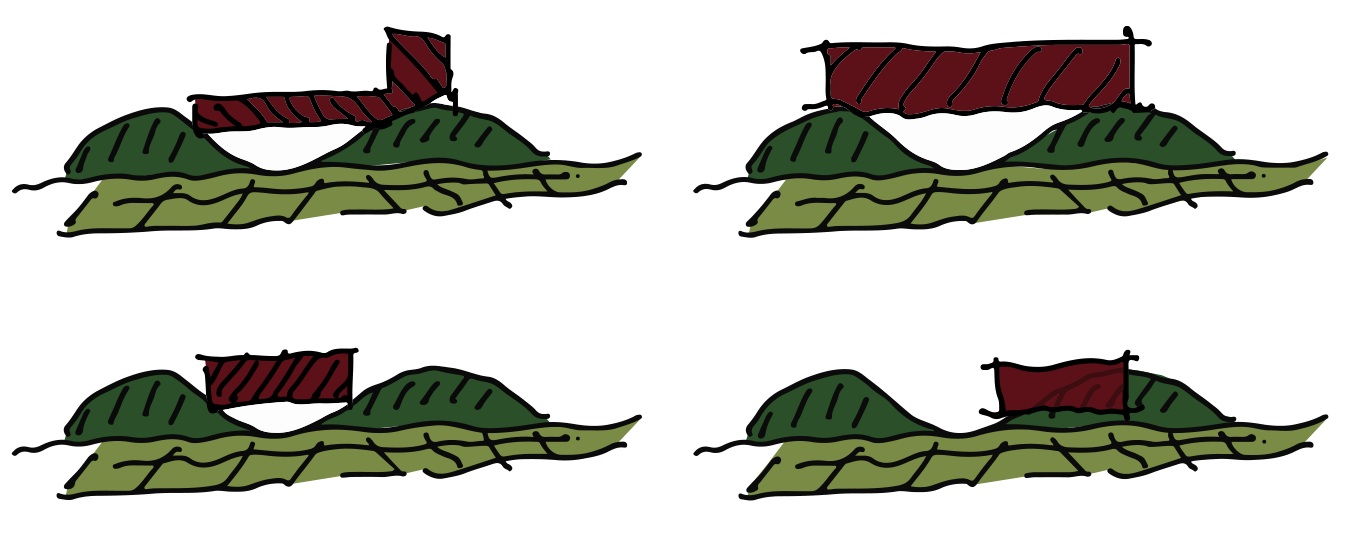Four sketches comparing how a building mass can meet a mountain