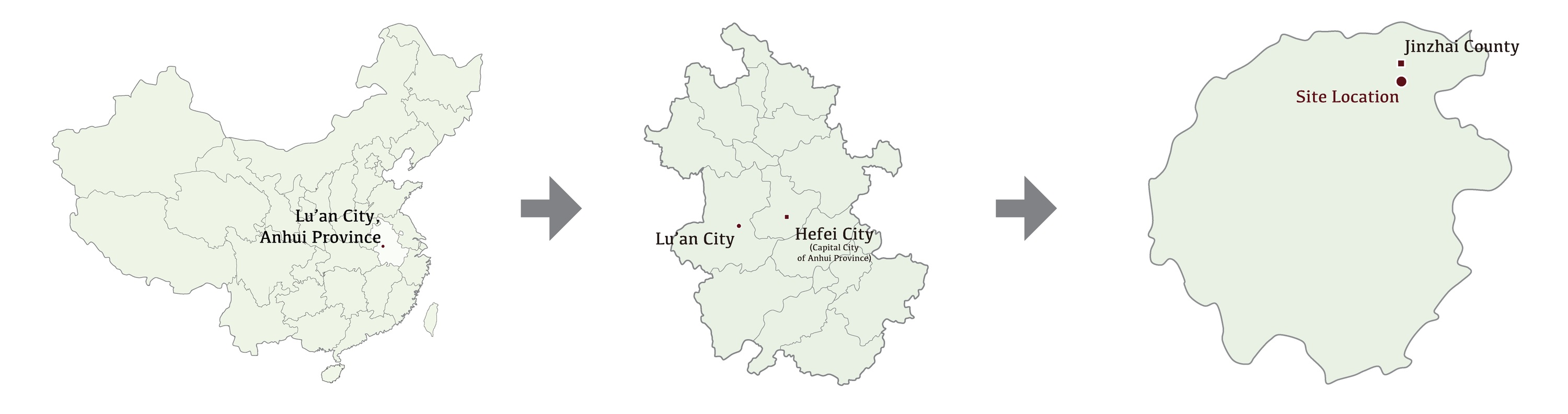 Regional location diagrams moving from Anhui Province and Lu'an to the Jinzhai site