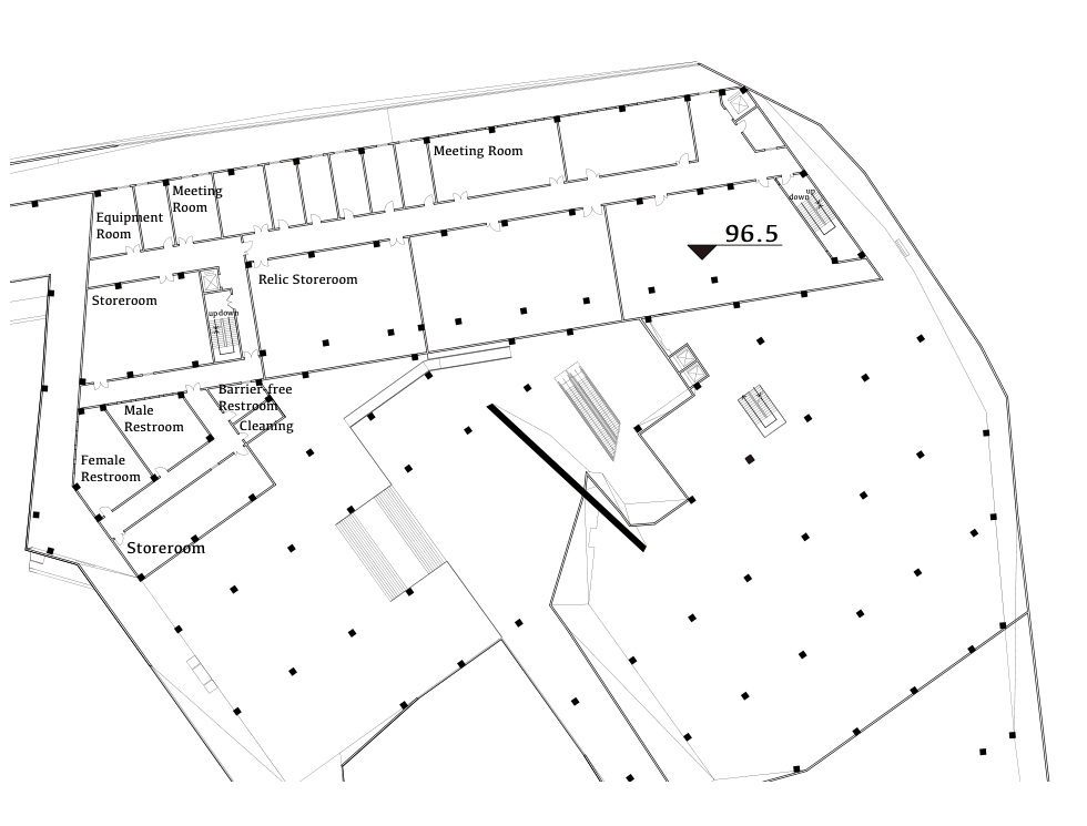 Second-floor plan showing meeting rooms, storage, equipment rooms, and supporting circulation