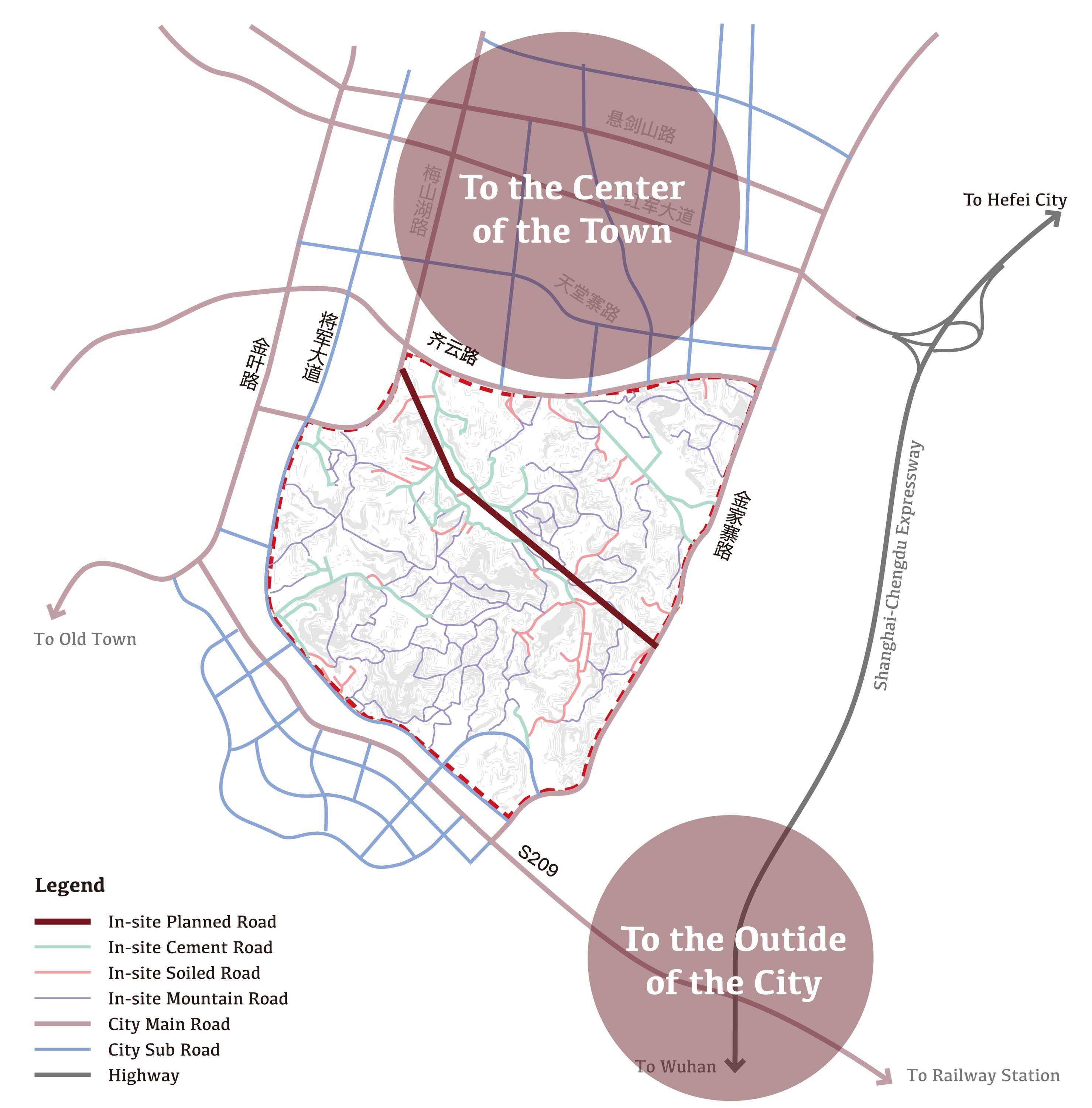 Site access analysis distinguishing urban roads, internal routes, and connections to the town and surrounding region