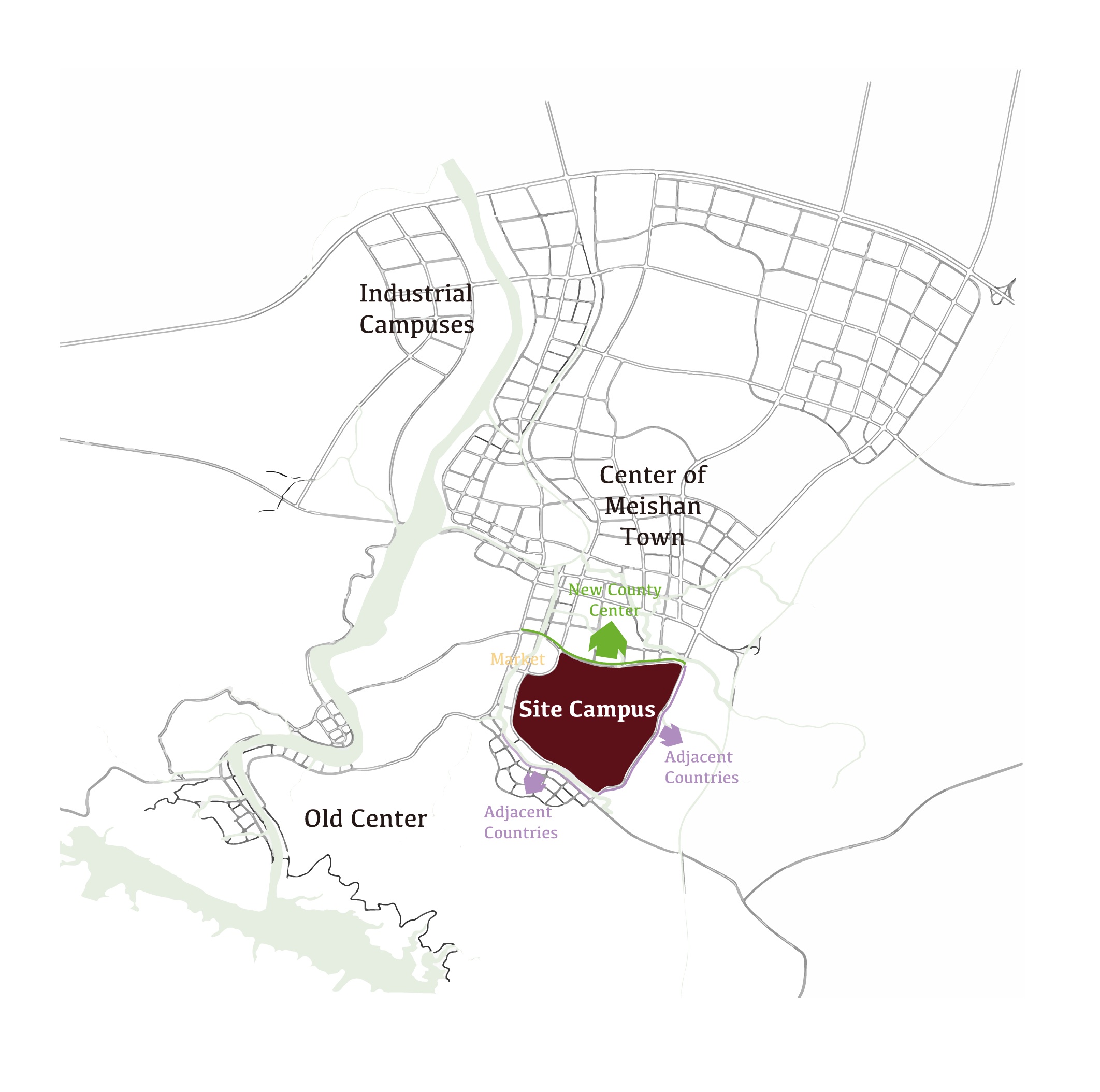 Urban context map locating the site between the old center and newer areas of Meishan