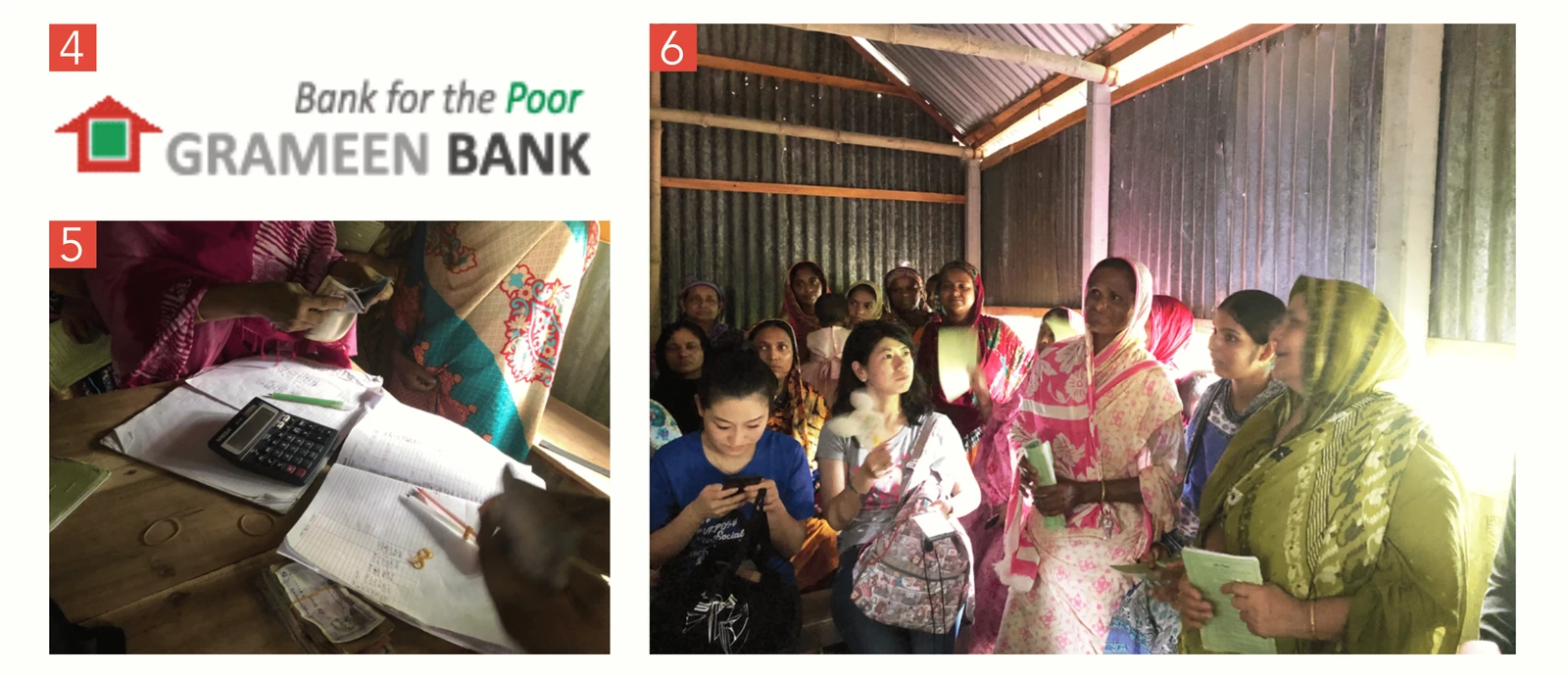 Original context collage showing Grameen Bank, repayment records and women at a community meeting