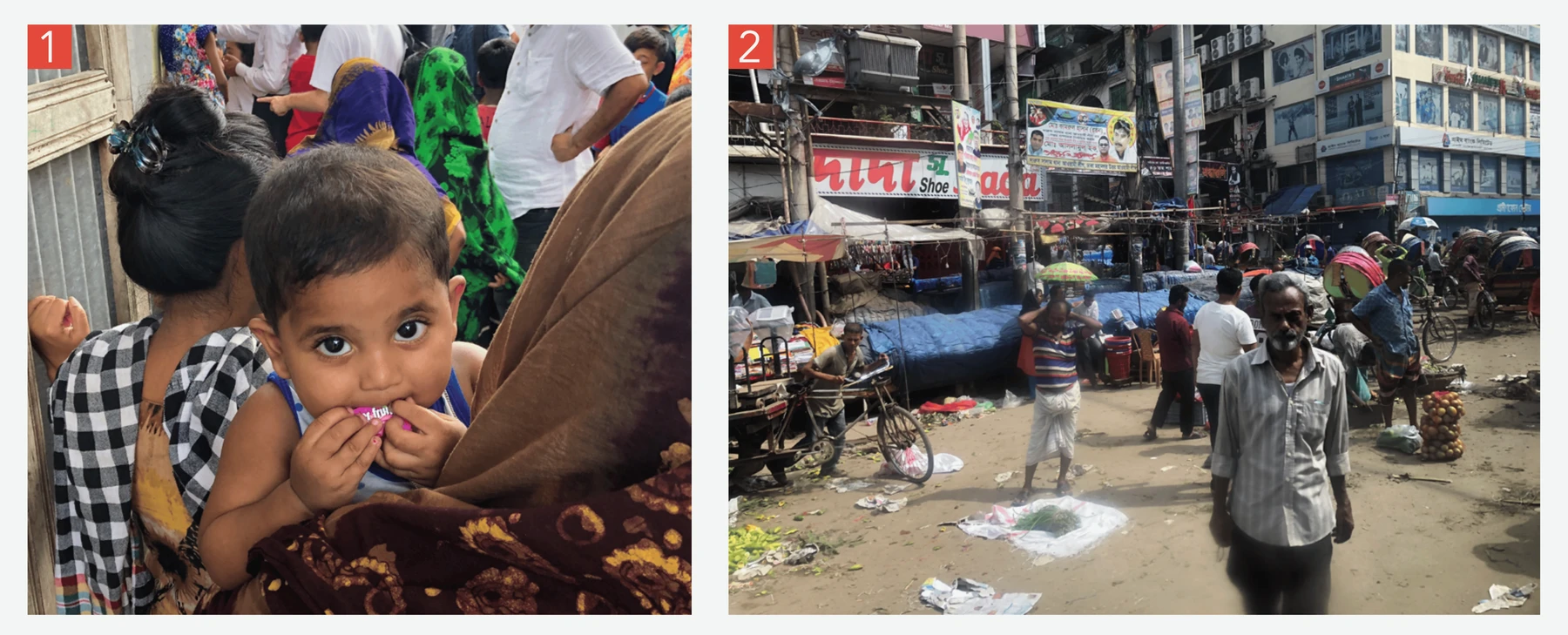 Original context photographs numbered 1 and 2, showing a child being held and a busy street in Dhaka