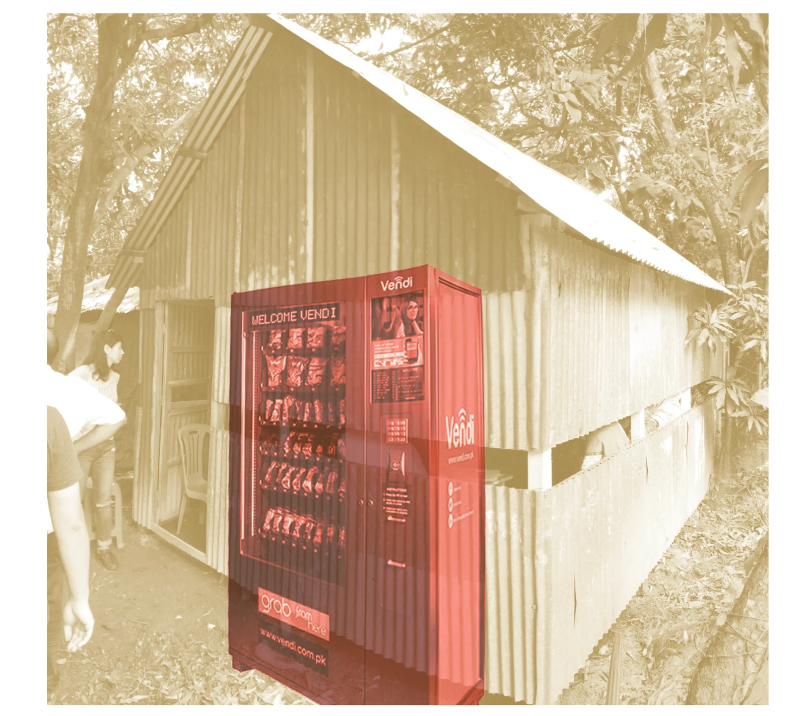 Original photomontage of a red MediCall vending kiosk beside a rural community building