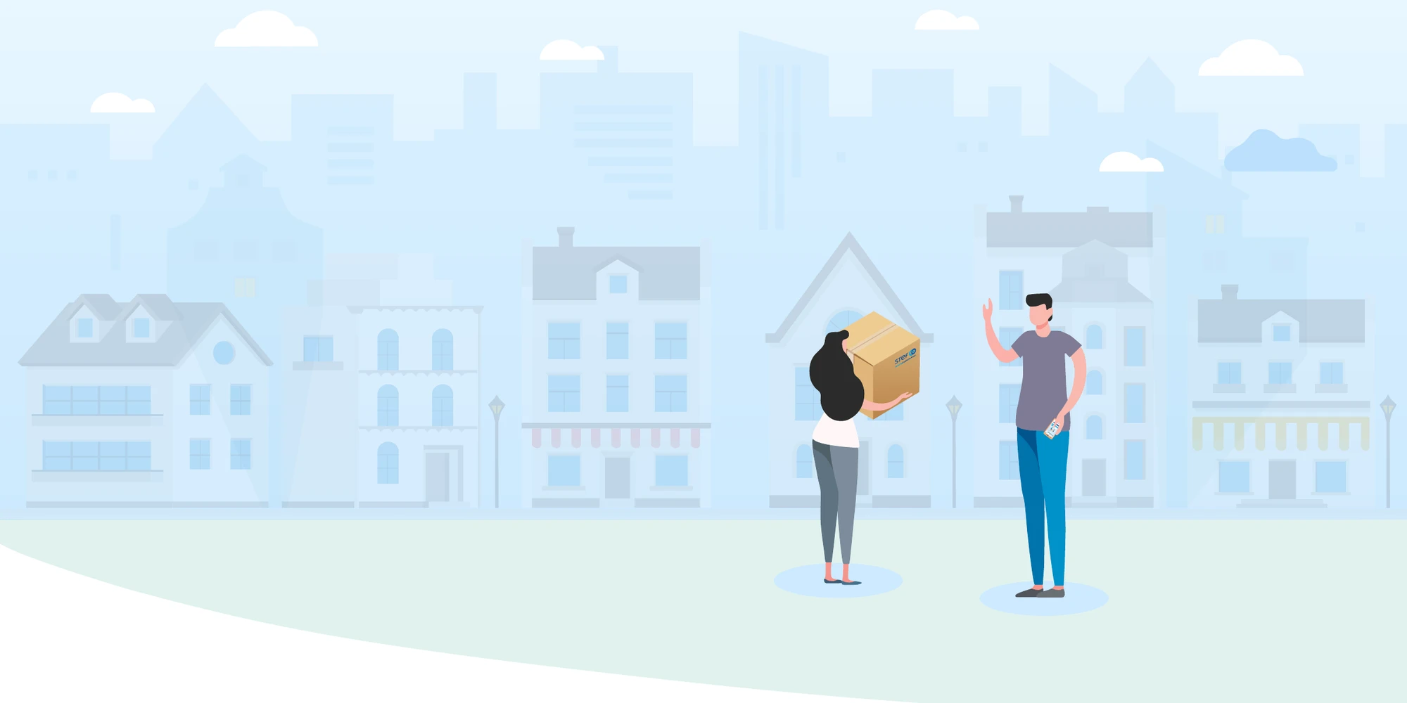 Original Miss Delivery illustration of a parcel handover in a blue neighbourhood streetscape
