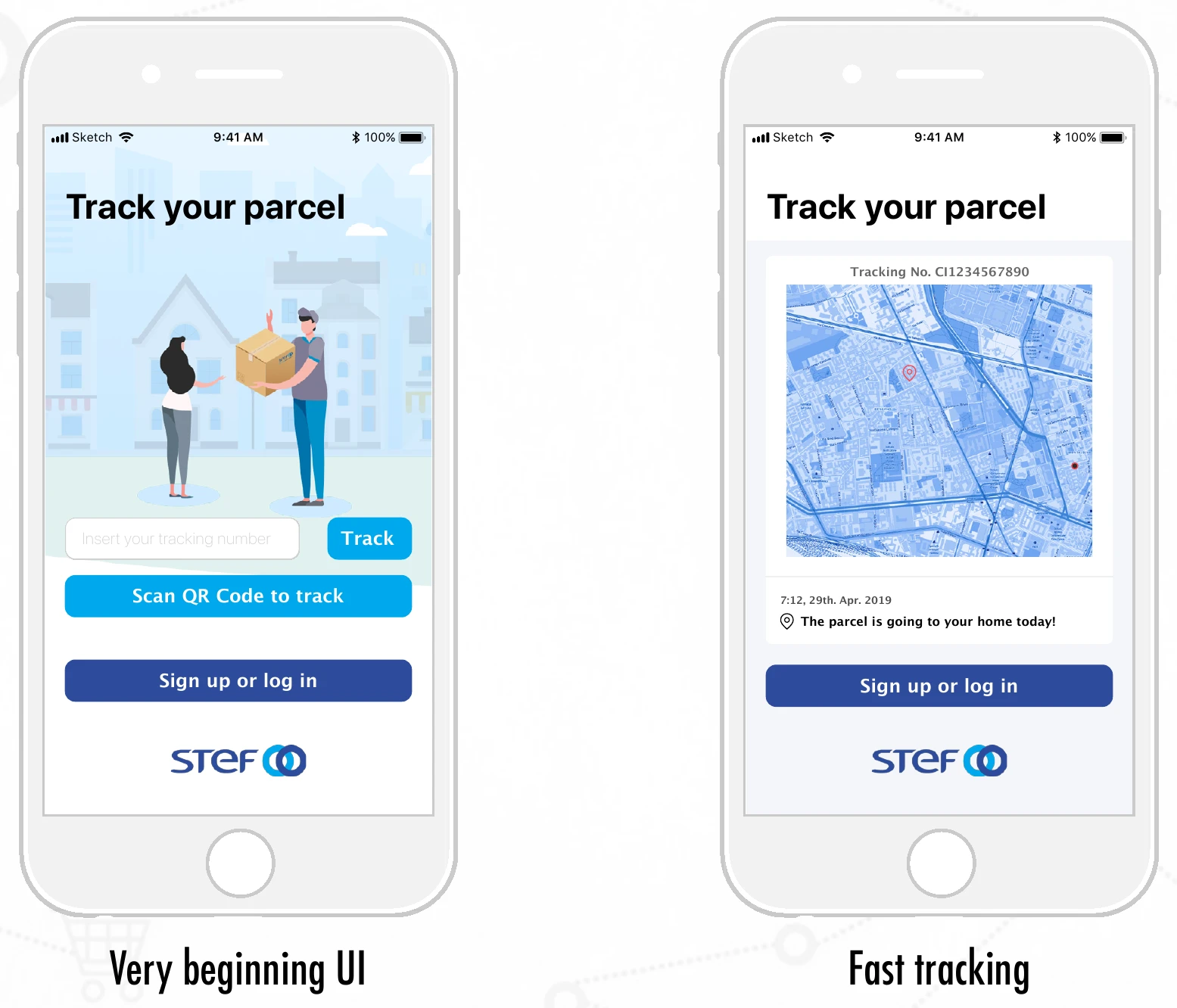 Original phone mockups showing tracking-number or QR entry and a parcel-status screen before login