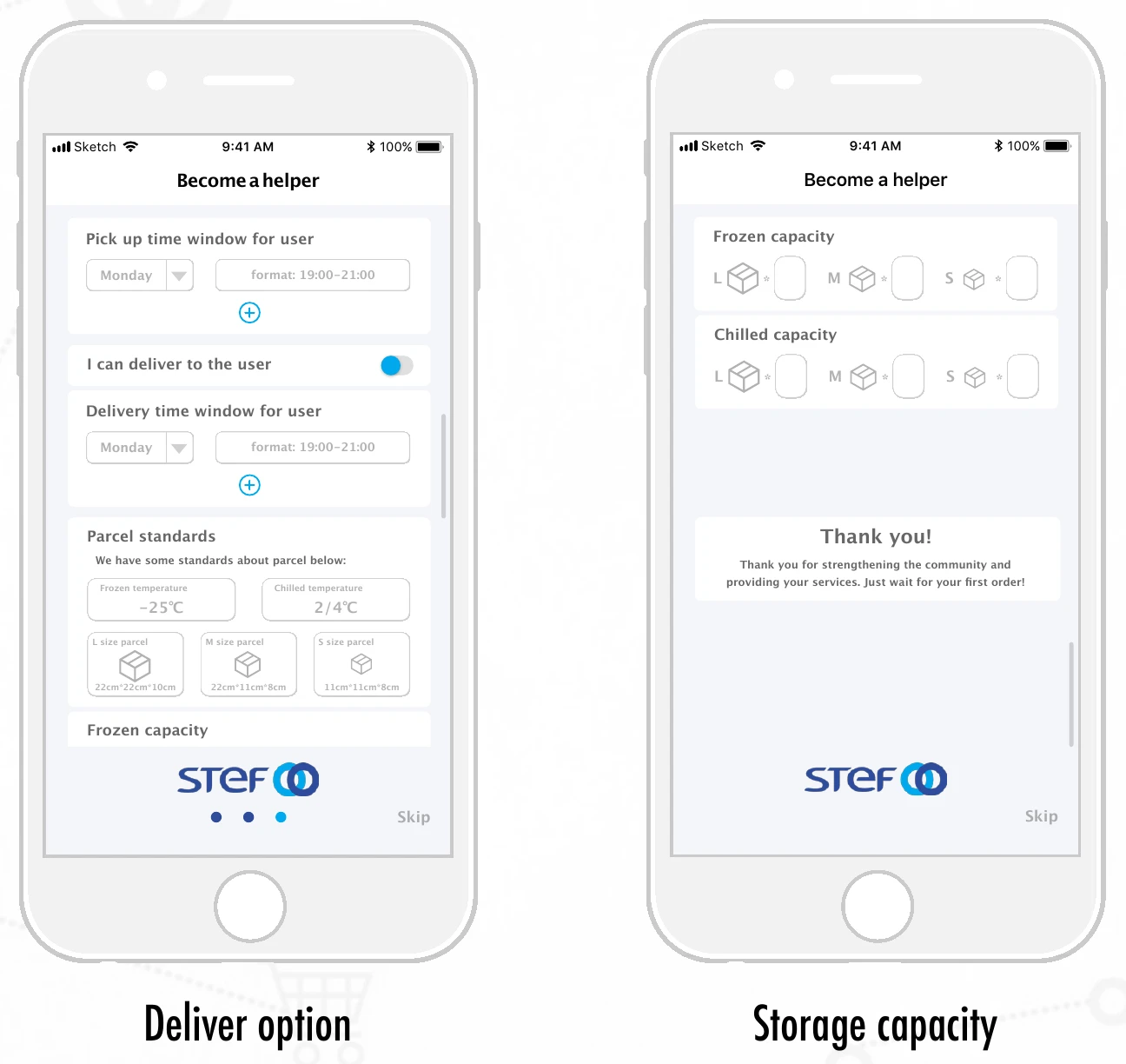 Original helper setup mockups showing time windows, optional delivery and chilled and frozen parcel capacities