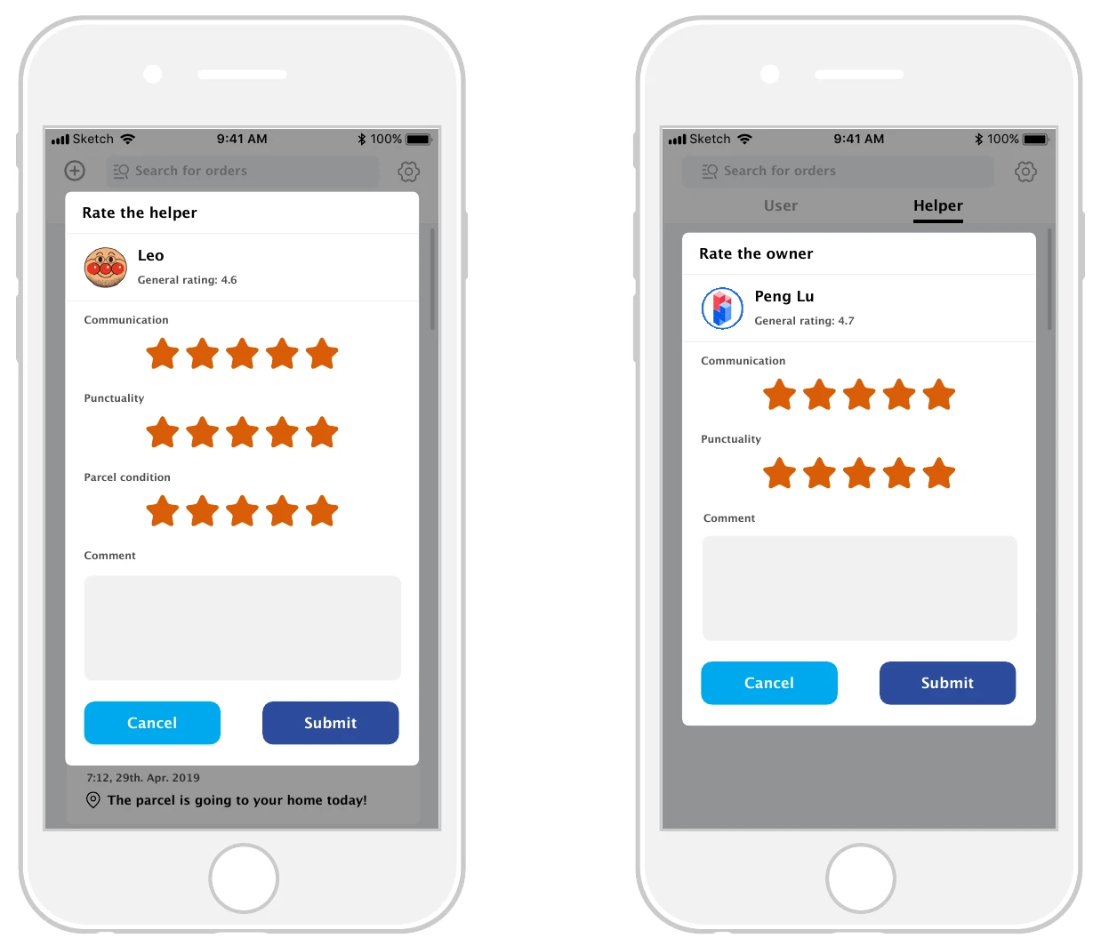 Final report's two rating mockups showing communication and punctuality for both parties and parcel condition for the helper