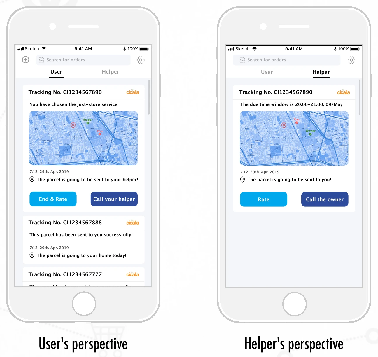 Paired original customer and helper mockups after acceptance, with the revised destination, tracking and call controls
