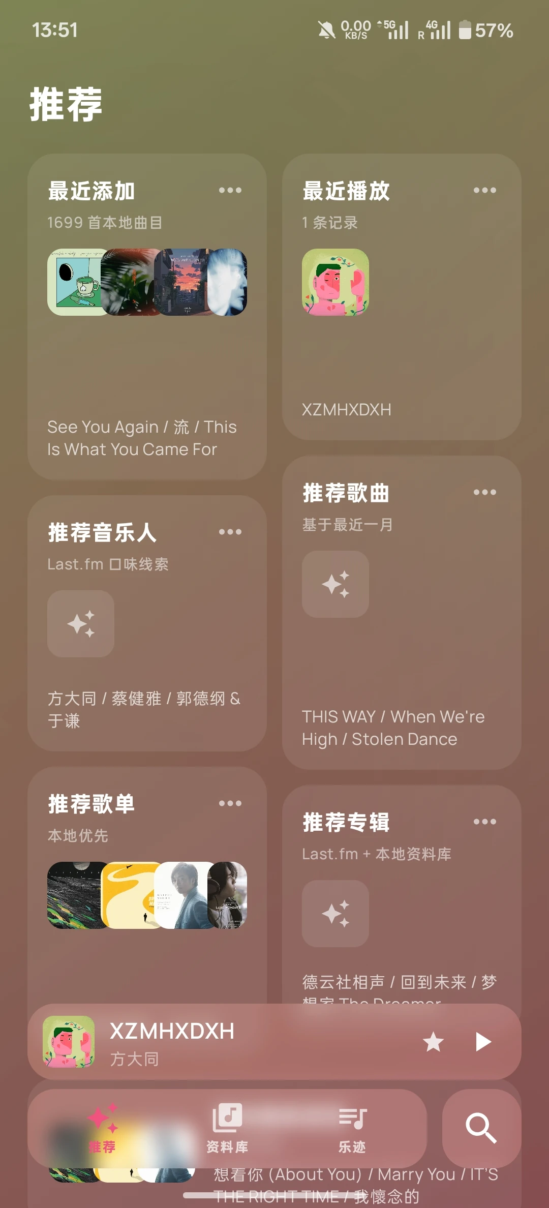 MuSynk A recommendation cards for recently added and played music and history-informed artists, tracks and albums