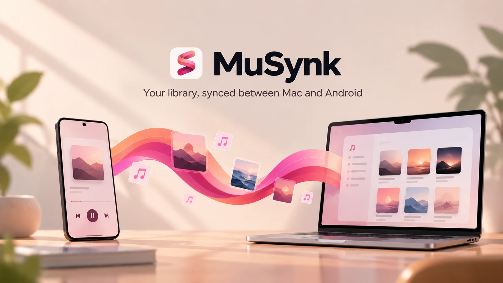 MuSynk concept illustration with a pink media ribbon connecting an Android phone and Mac laptop