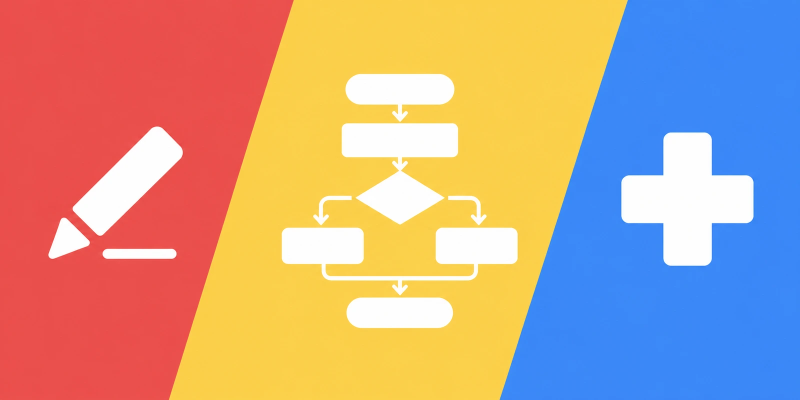 White pencil, branching pathway and medical cross on red, yellow and blue panels
