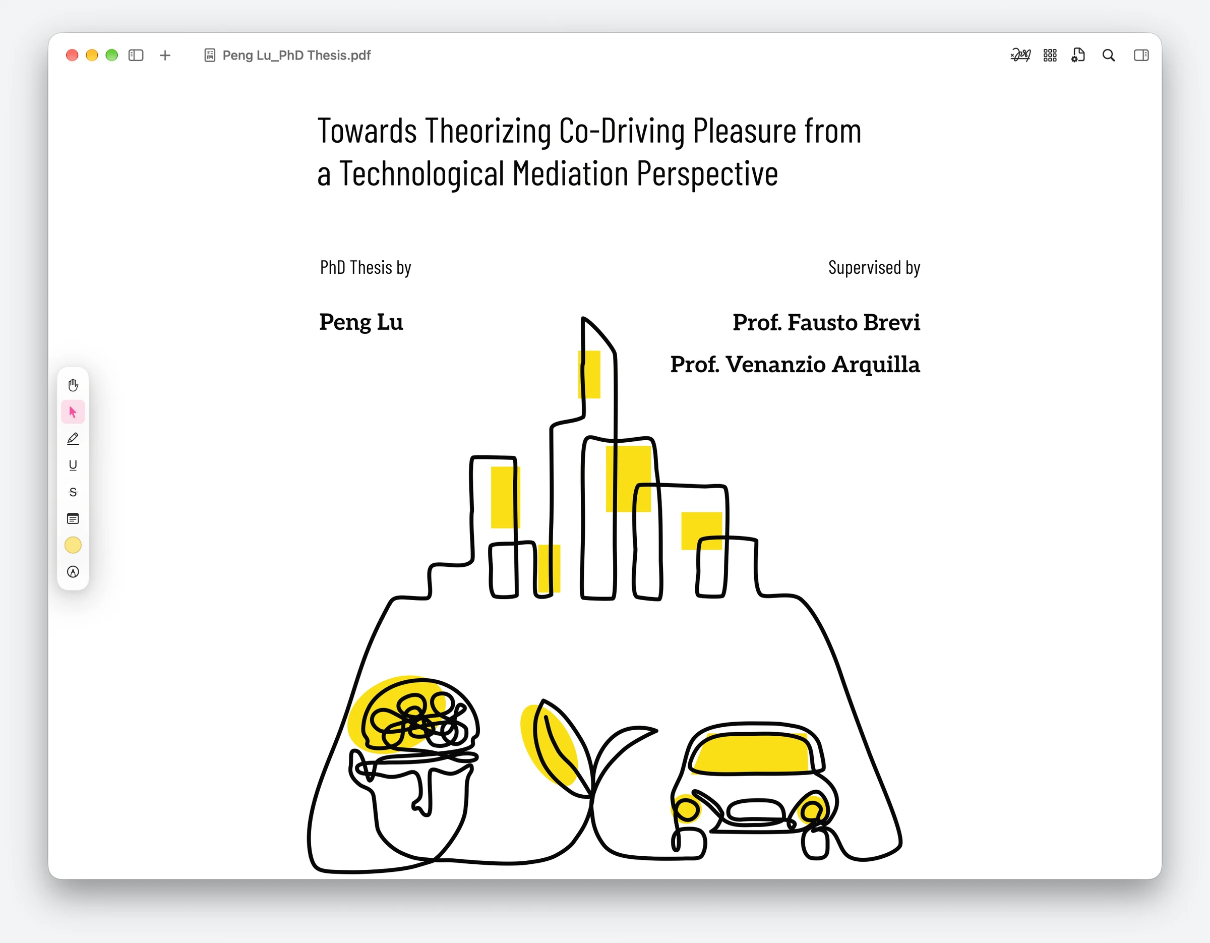 PDFclip 2 showing the title page of my doctoral thesis, with sidebars closed and a compact tool palette to the left
