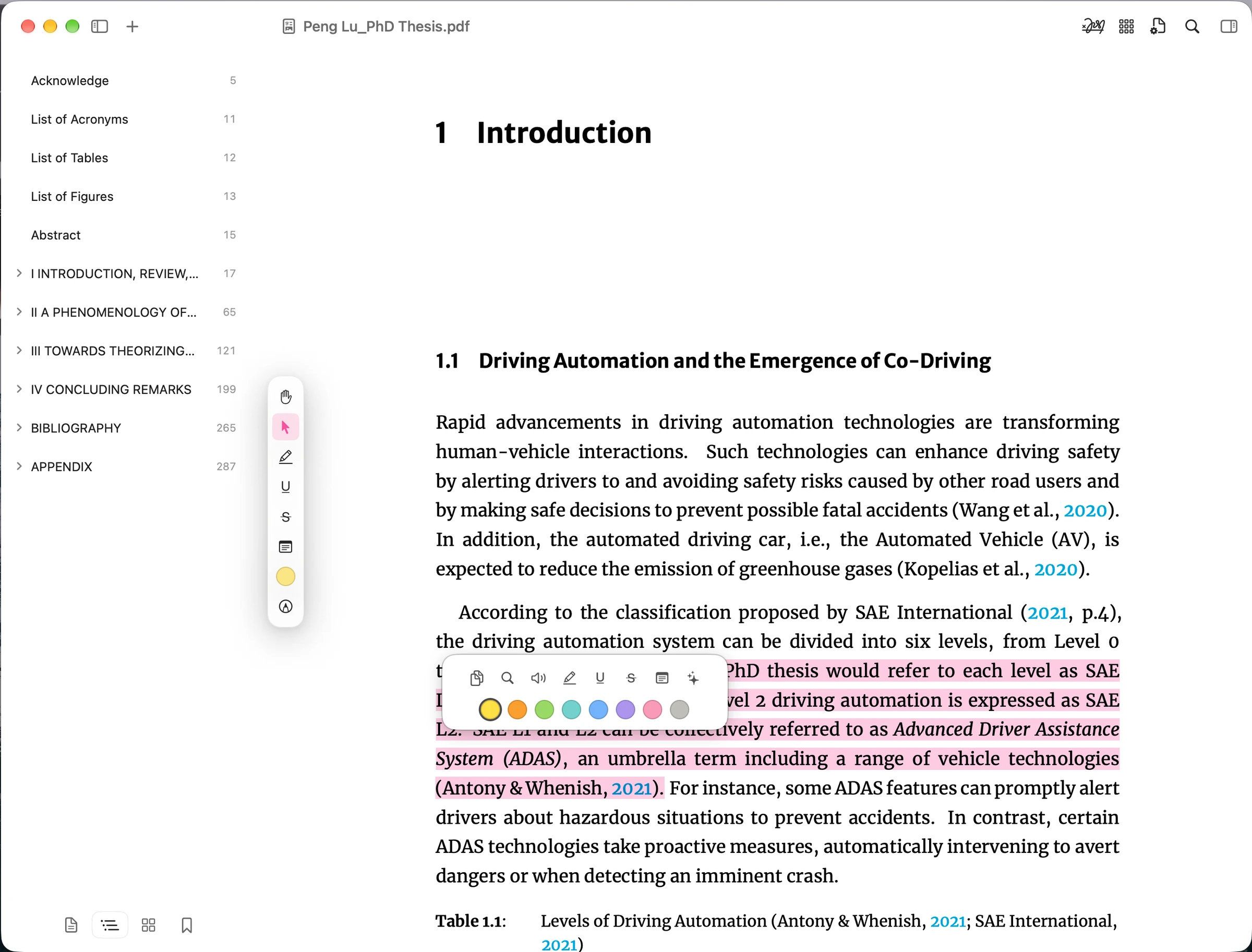 A selected thesis passage with PDFclip's contextual annotation menu and colour choices, alongside the document outline