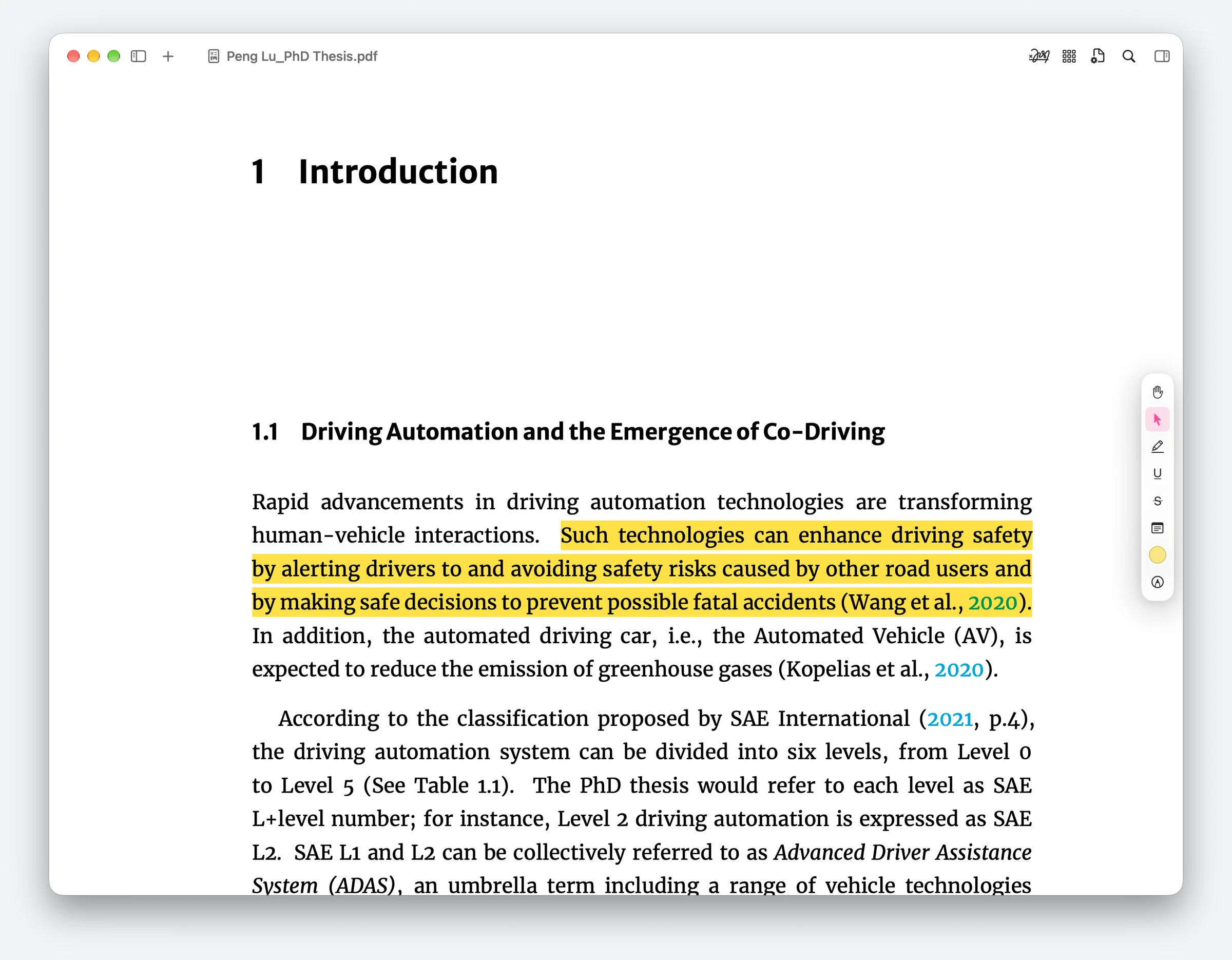 PDFclip's vertical annotation palette docked to the right of a highlighted thesis passage