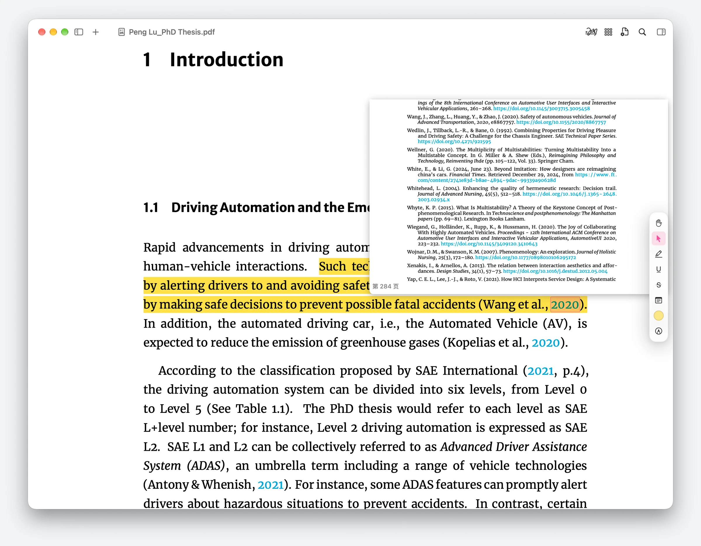 A linked citation in the thesis with its bibliography target displayed in a floating page-preview panel