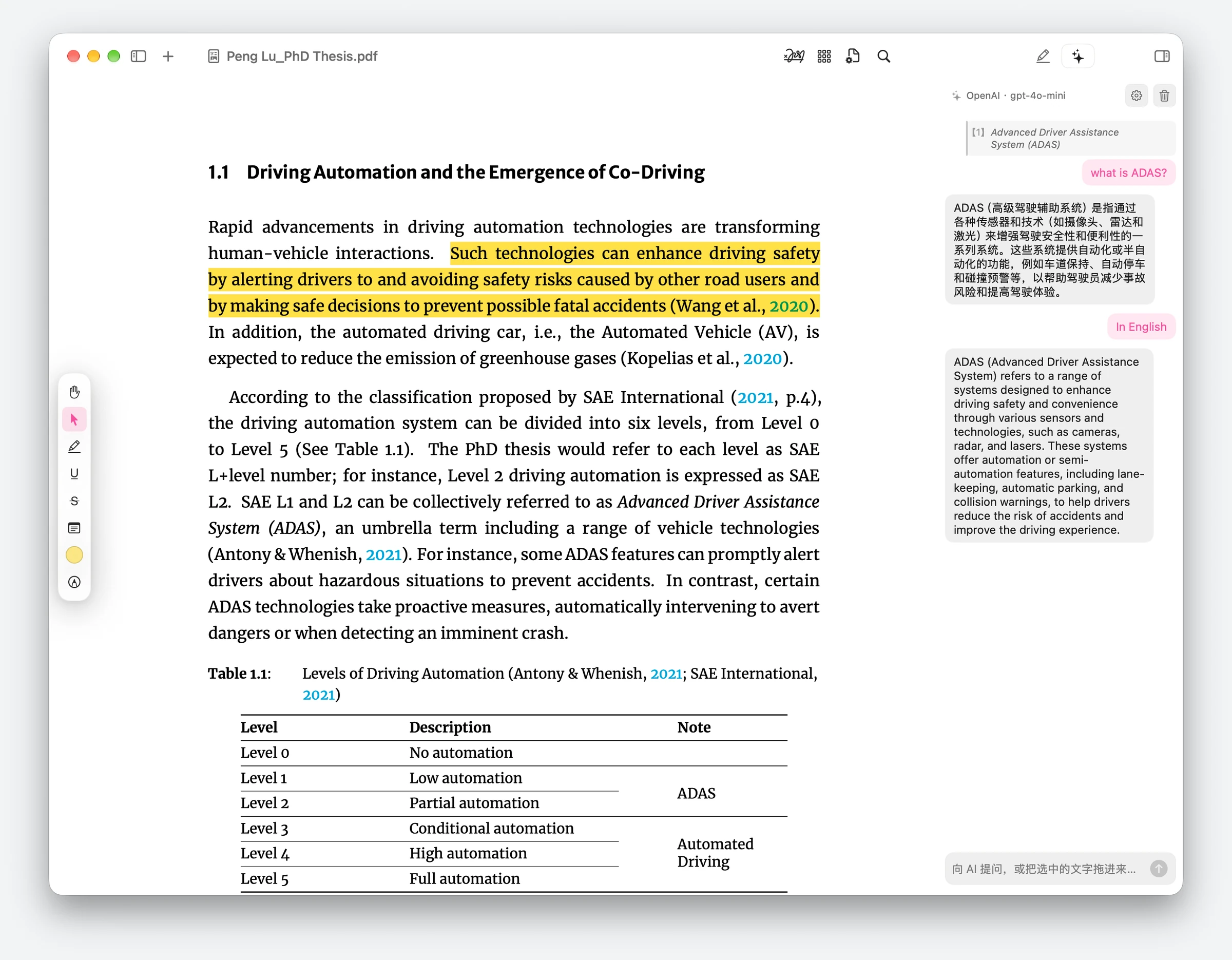 PDFclip's AI sidebar beside a selected passage, showing a question about ADAS and follow-up answers in Chinese and English
