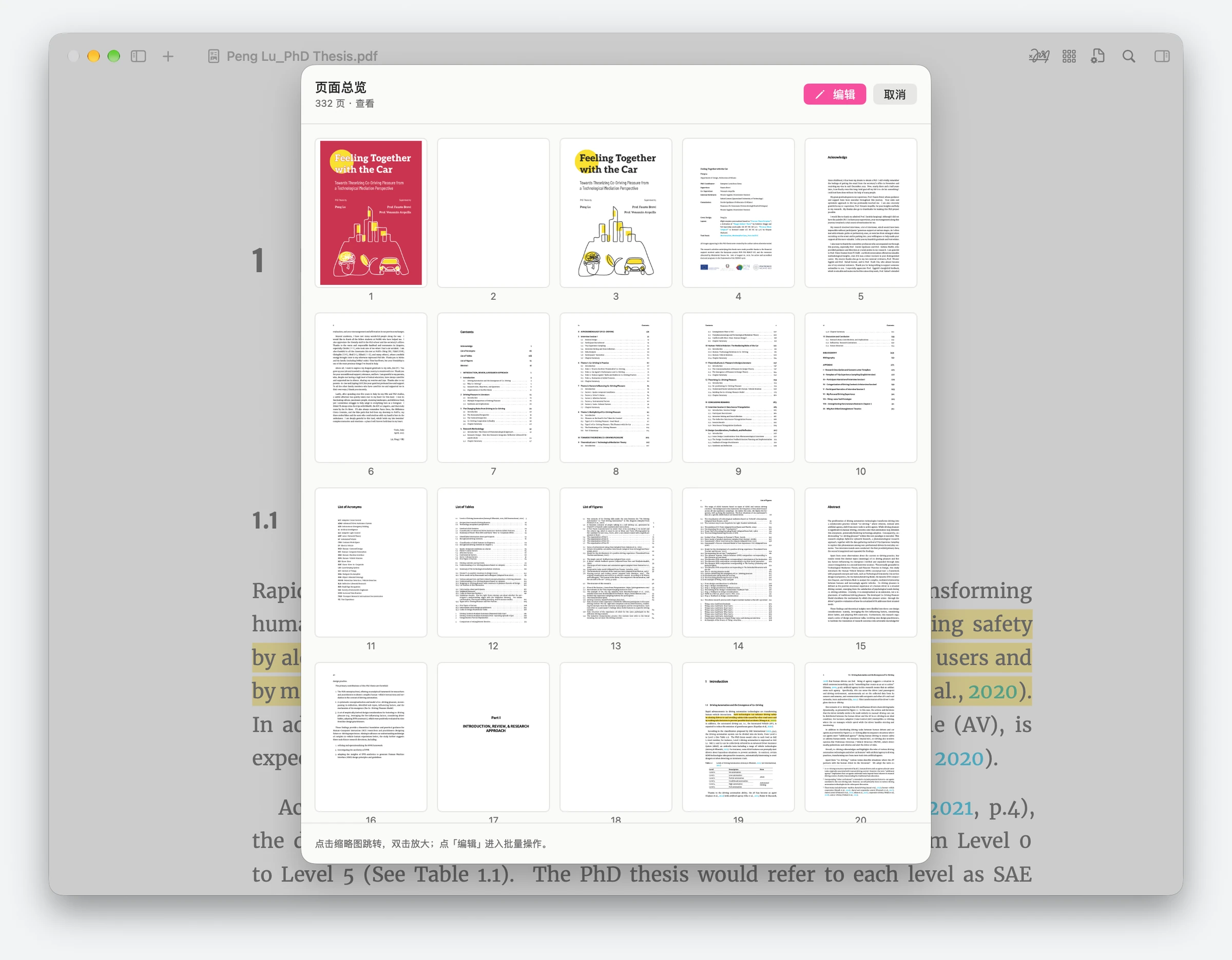 PDFclip's page overview displaying a grid of thesis-page thumbnails, with an Edit control above