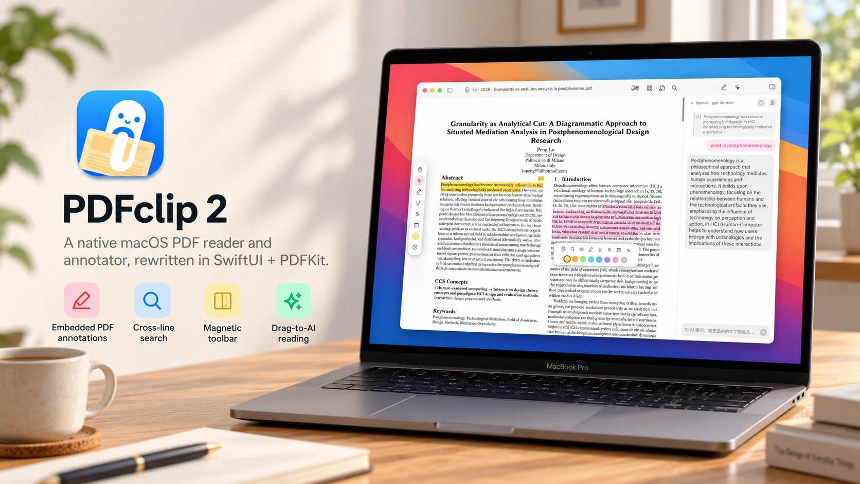 PDFclip 2 product illustration showing the blue application icon and a macOS reading window on a laptop