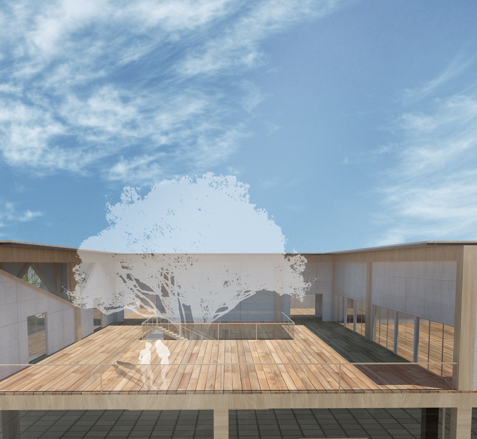 Design perspective of an upper timber-surfaced terrace with a central tree, surrounding rooms, and students gathering nearby