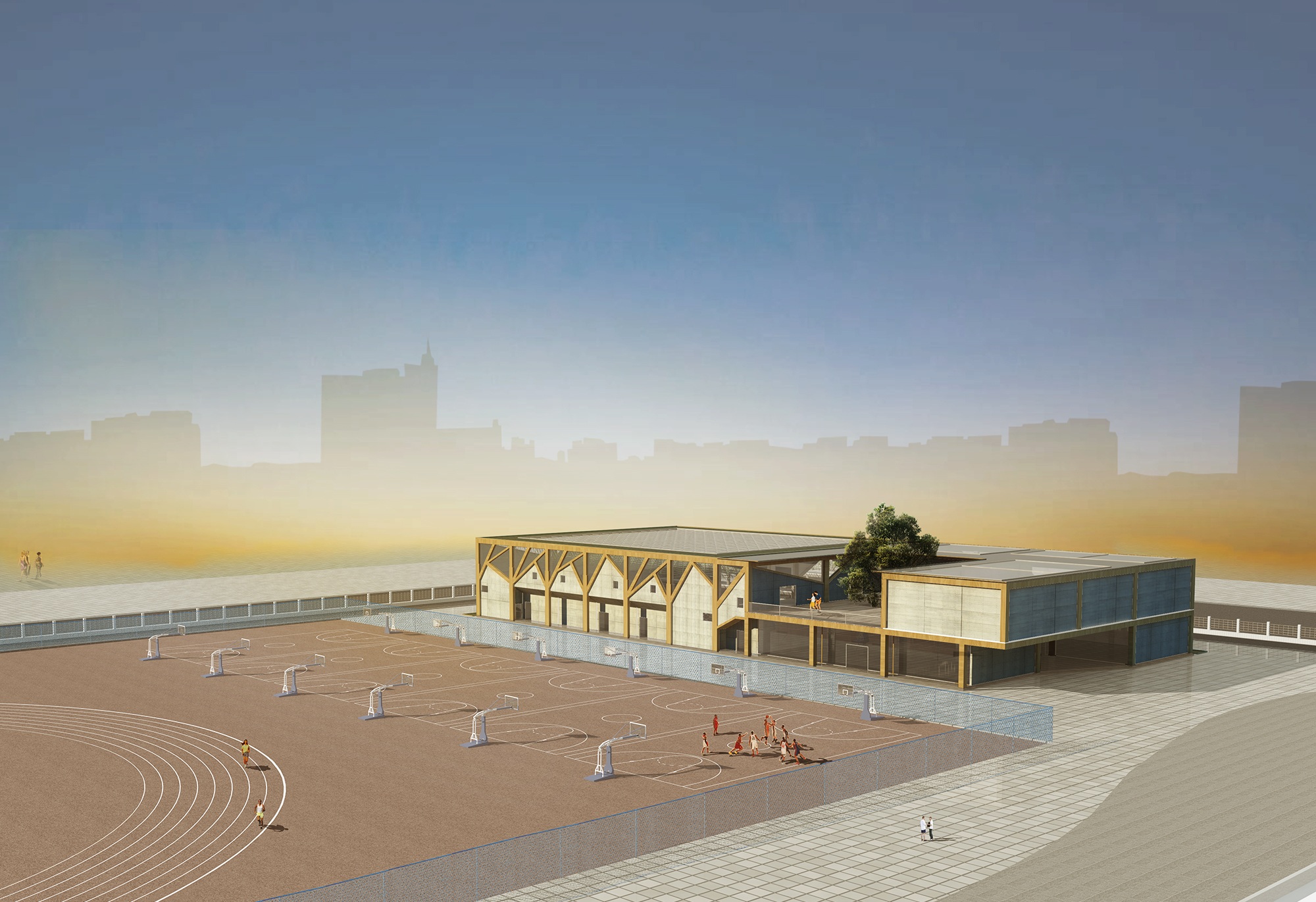 Exterior design visualization of the Tree and House school gymnasium beside outdoor basketball courts, with branching columns and an upper courtyard