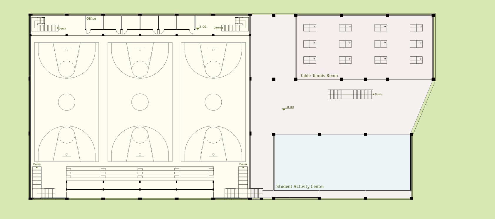 Higher first-floor plan showing spectator seating, perimeter circulation, office rooms, and the relationship to the activity wing