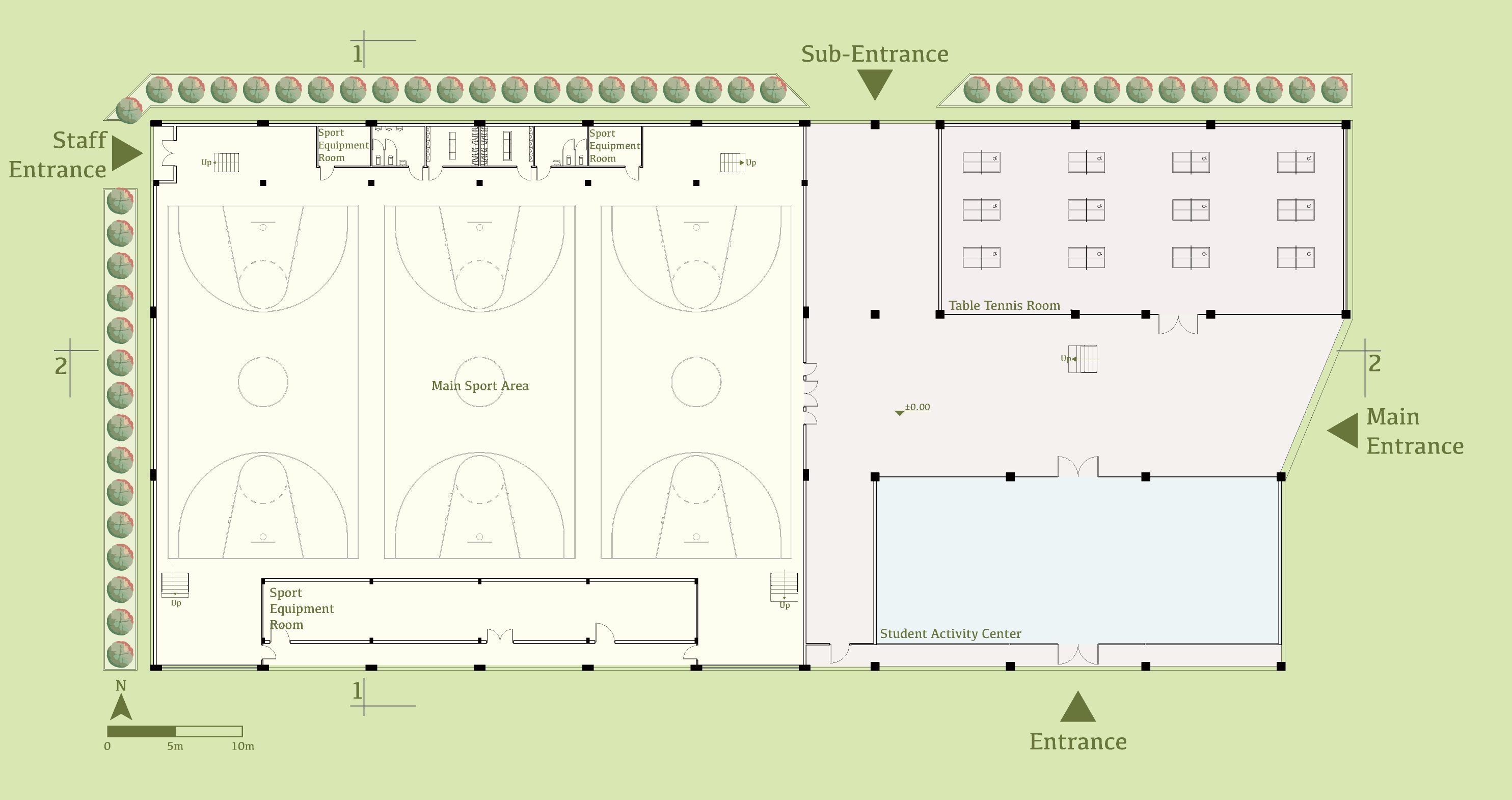 First-floor plan with three courts, equipment rooms, table-tennis room, student activity centre, and main, staff, and secondary entrances
