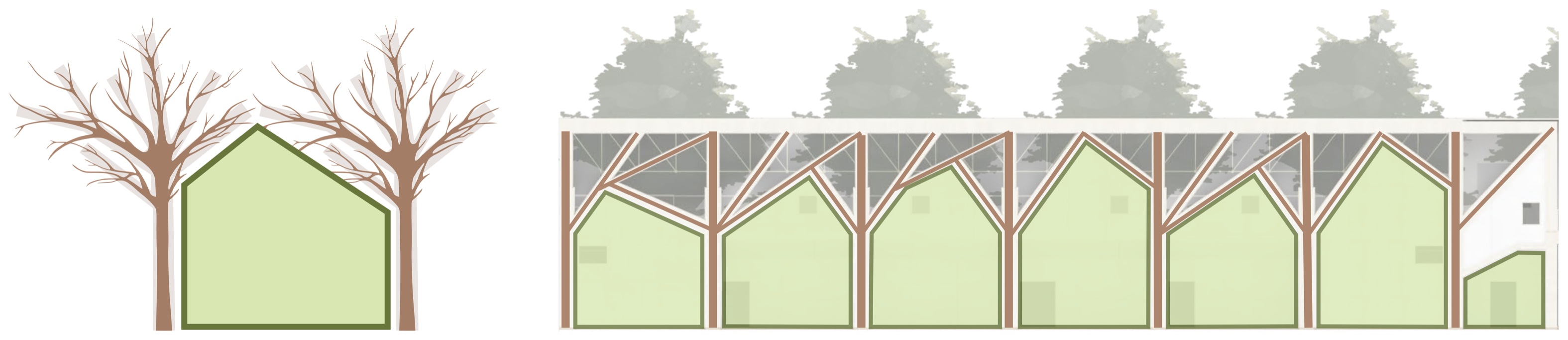 Diagram combining two branching trees with a house-shaped opening and repeating varied house profiles across a regular facade module