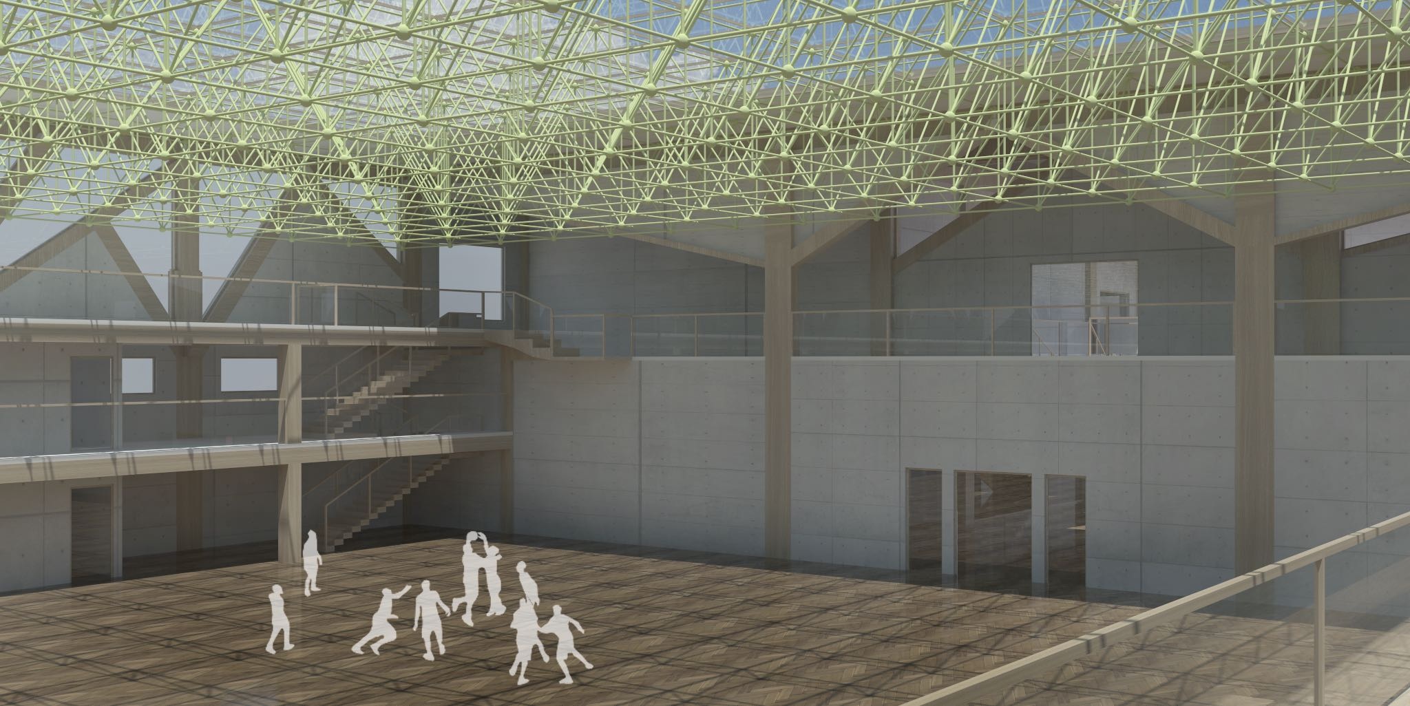 Interior design visualization of students playing below a green truss canopy, with branching supports and galleries along concrete walls